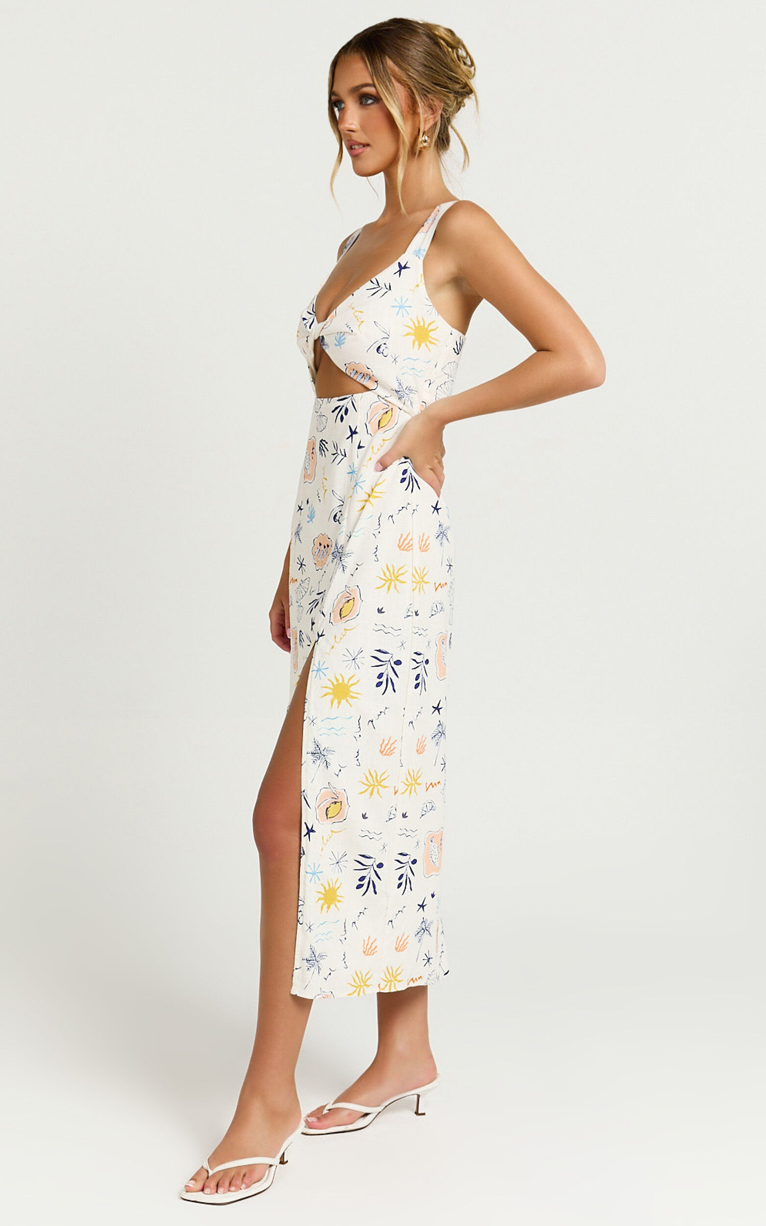 Nicola Midi Linen Dress - Strappy Front Twist Cut Out Column Dress in Soleil Print