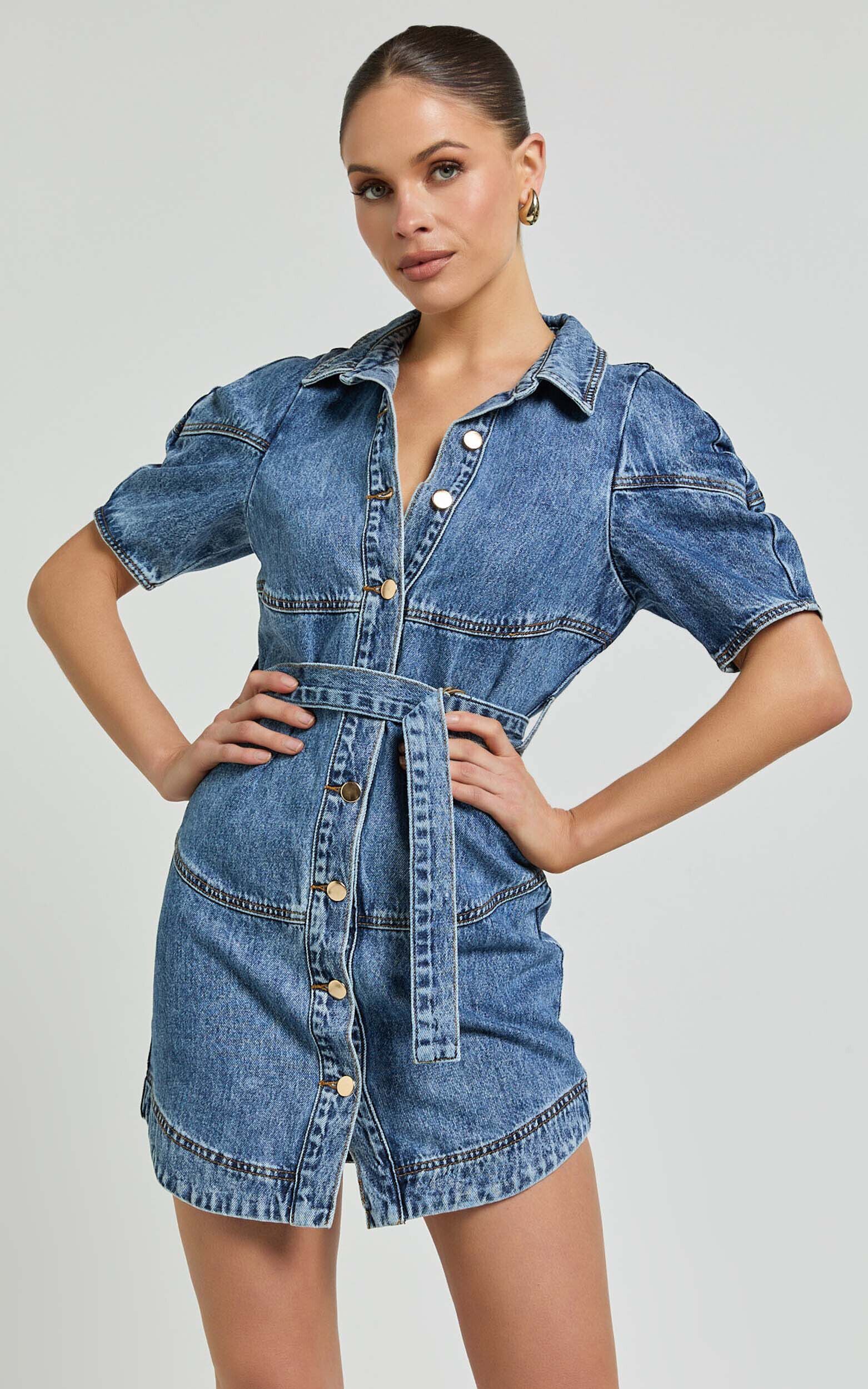 Cannes Mini Dress - Button Through Belted Recycled Denim Dress in Mid Blue Wash