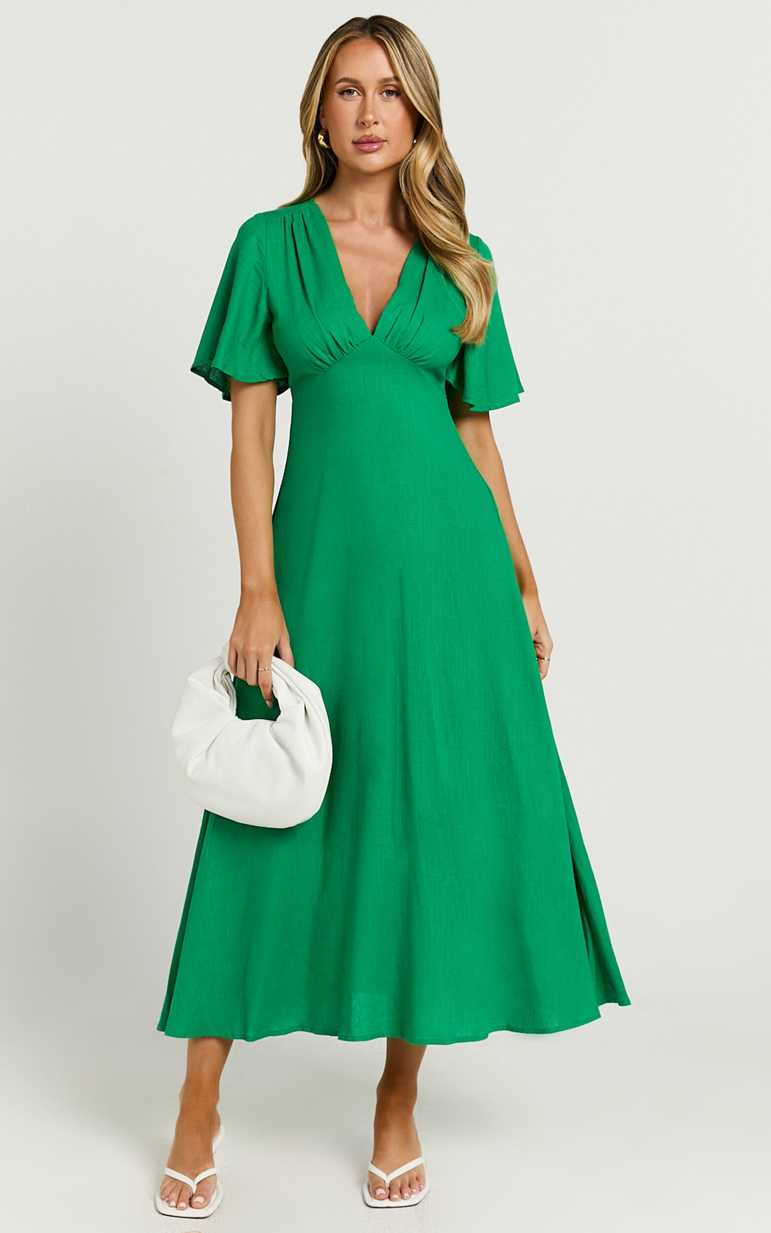 Dakota Midi Dress - Linen Flutter Sleeve A Line Dress in Green