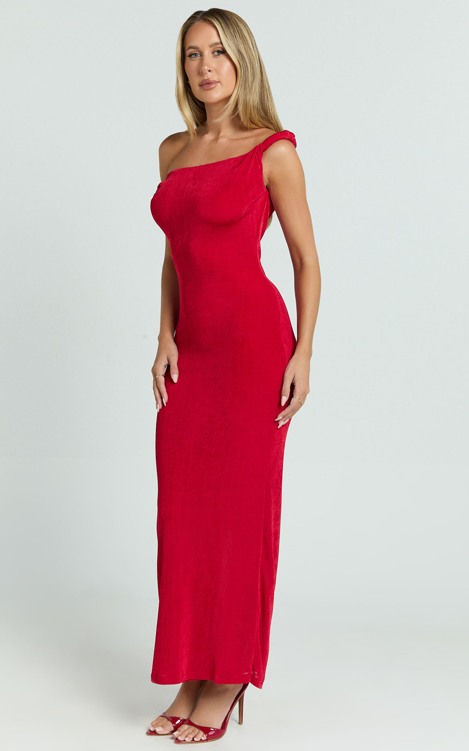 Isabel Midi Dress - Twist Off Shoulder Bodycon Dress in Red