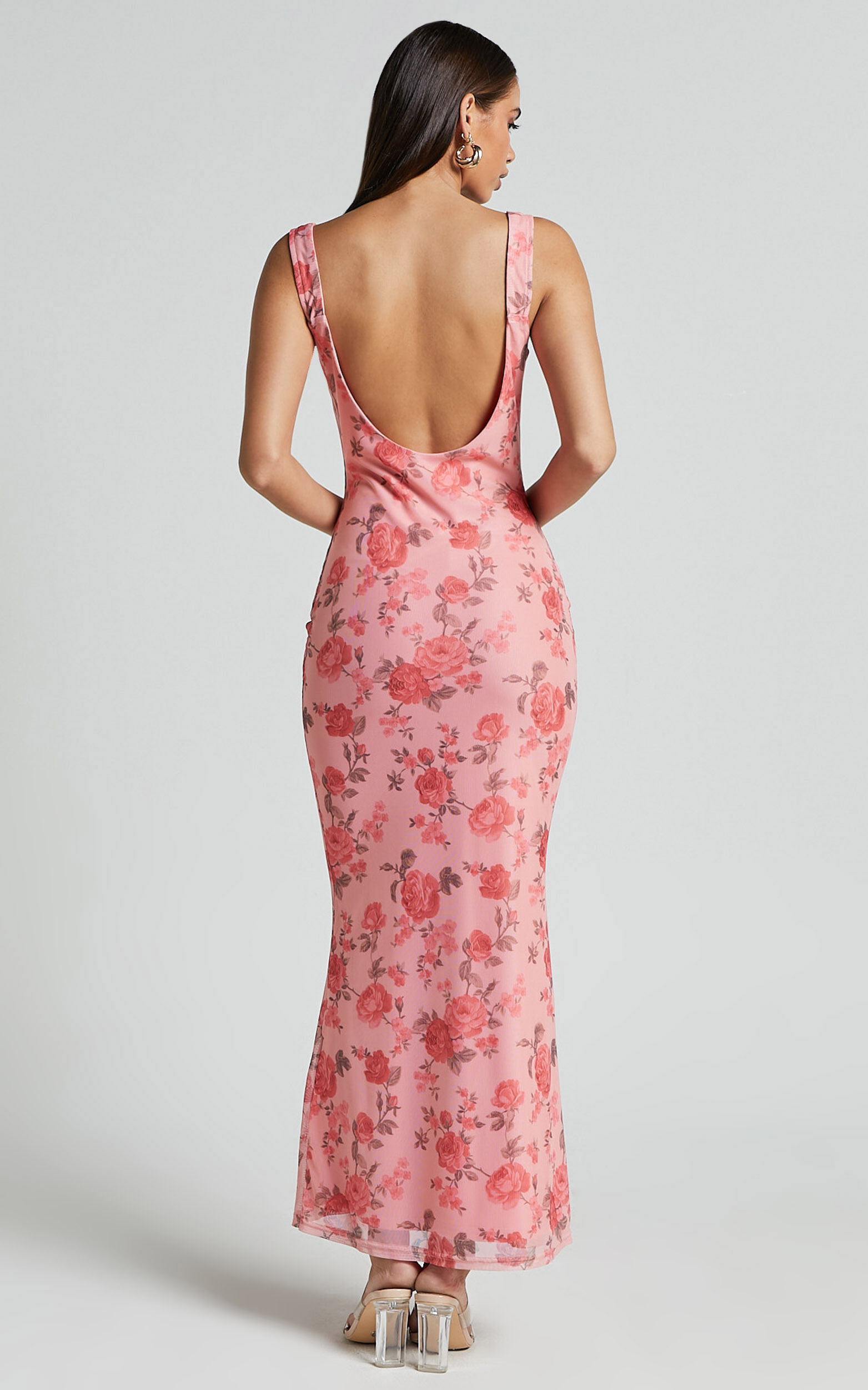 Nadine Maxi Dress - Cowl Neck Low Back Mesh Slip Dress in Pink Floral
