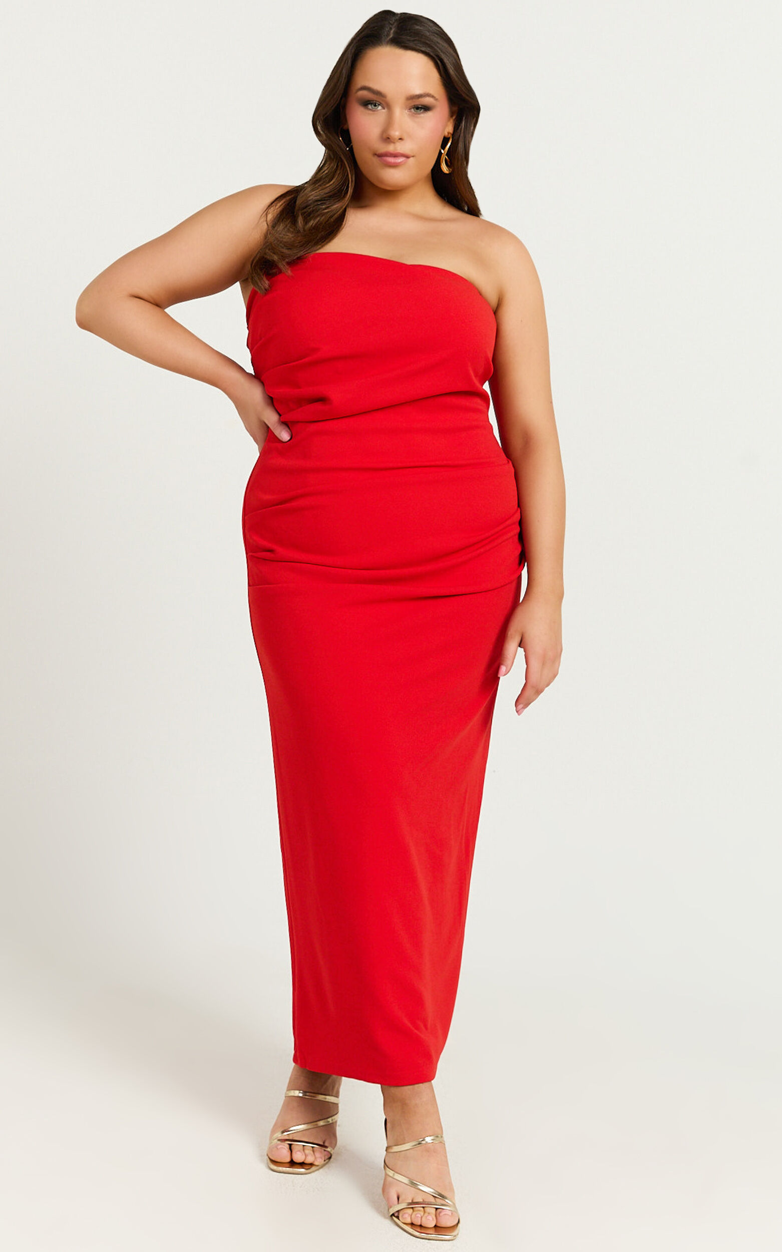 Calanthe Midi Dress - Strapless Tuck Detail Dress in Red