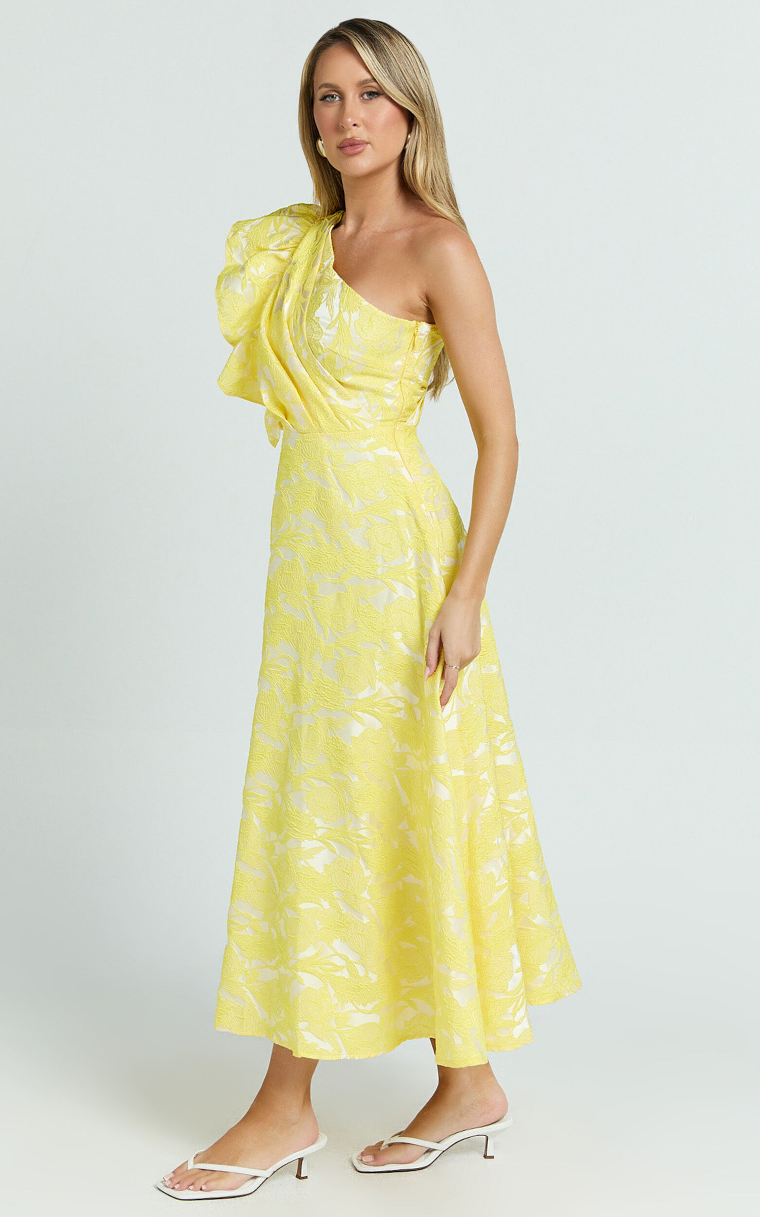 Alfreda Midi Dress - One Shoulder Ruffle Detail Brailey Jacquard Dress in Yellow Jacquard