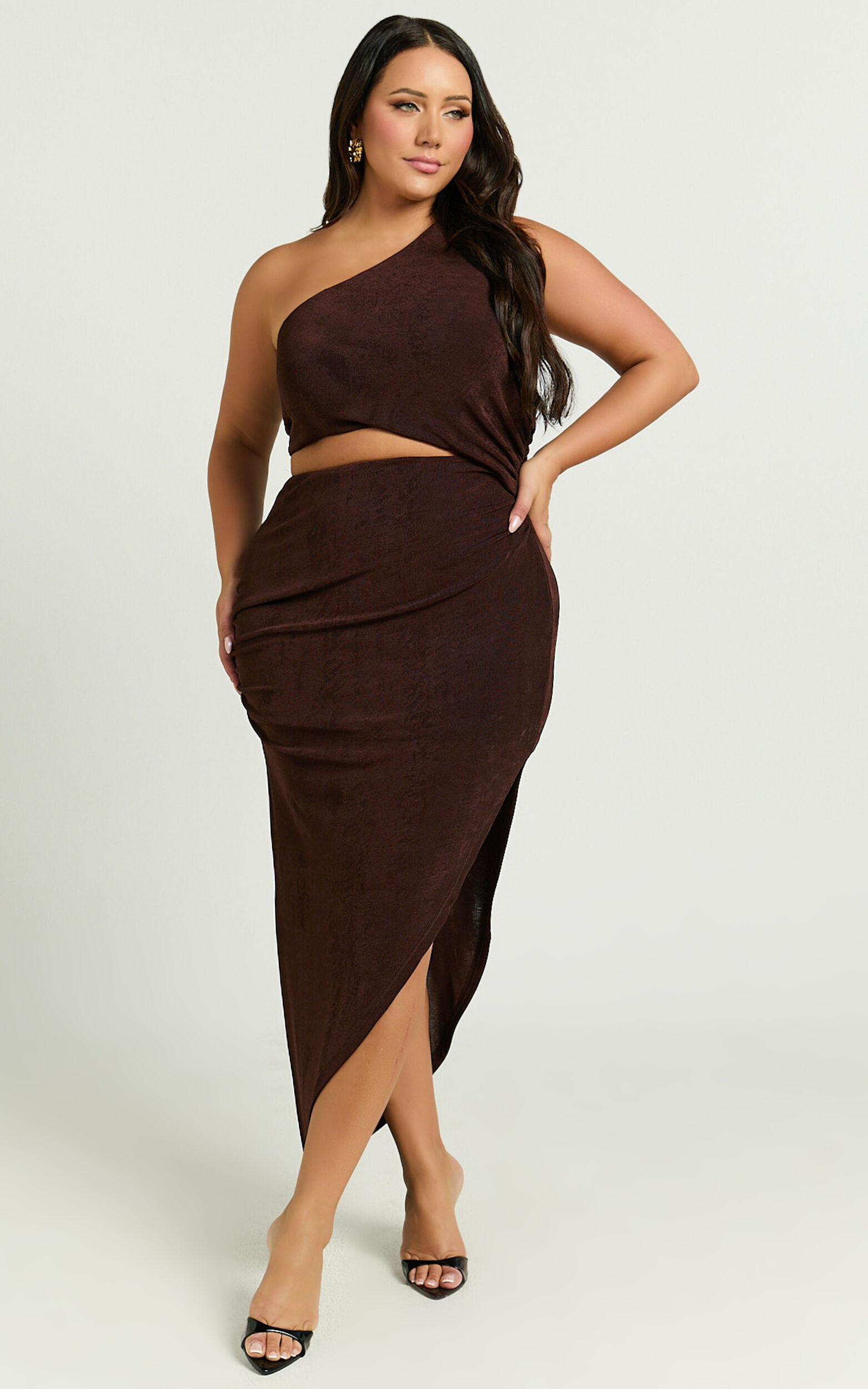Kala Midi Dress - One Shoulder Cut Out Side Split Dress in Chocolate