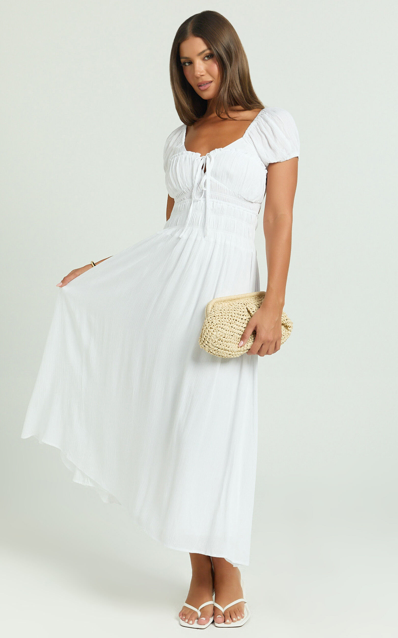 Nova Midi Dress - Open Back Ruched Dress in White