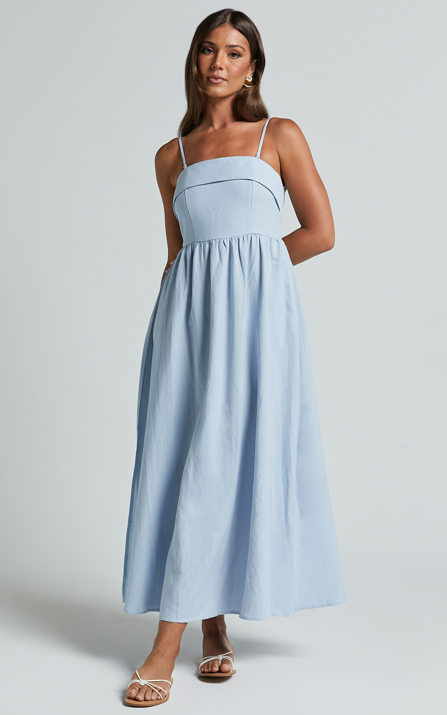 Carlyn Midi Dress - Linen Detachable Straps in Blue