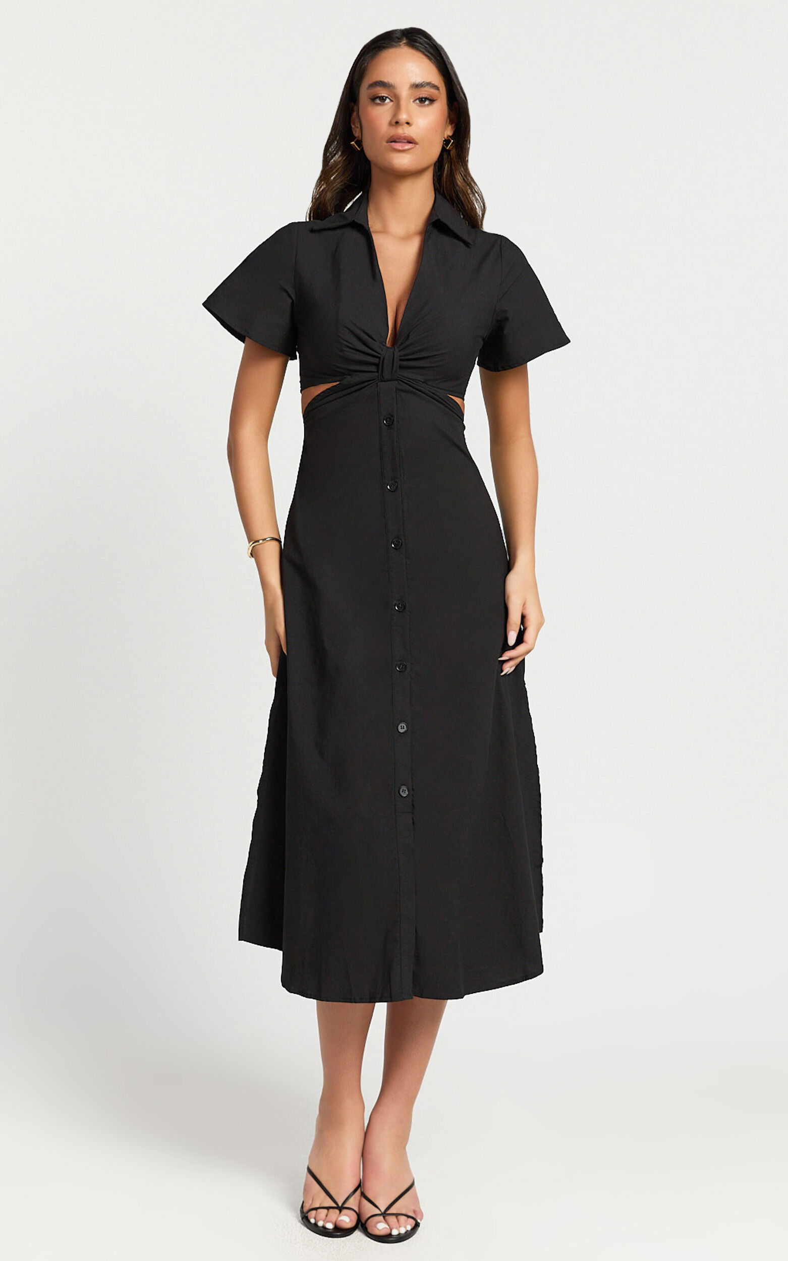 Aeryn Midi Dress - Front Twist Cut Out Shirt Dress in Black