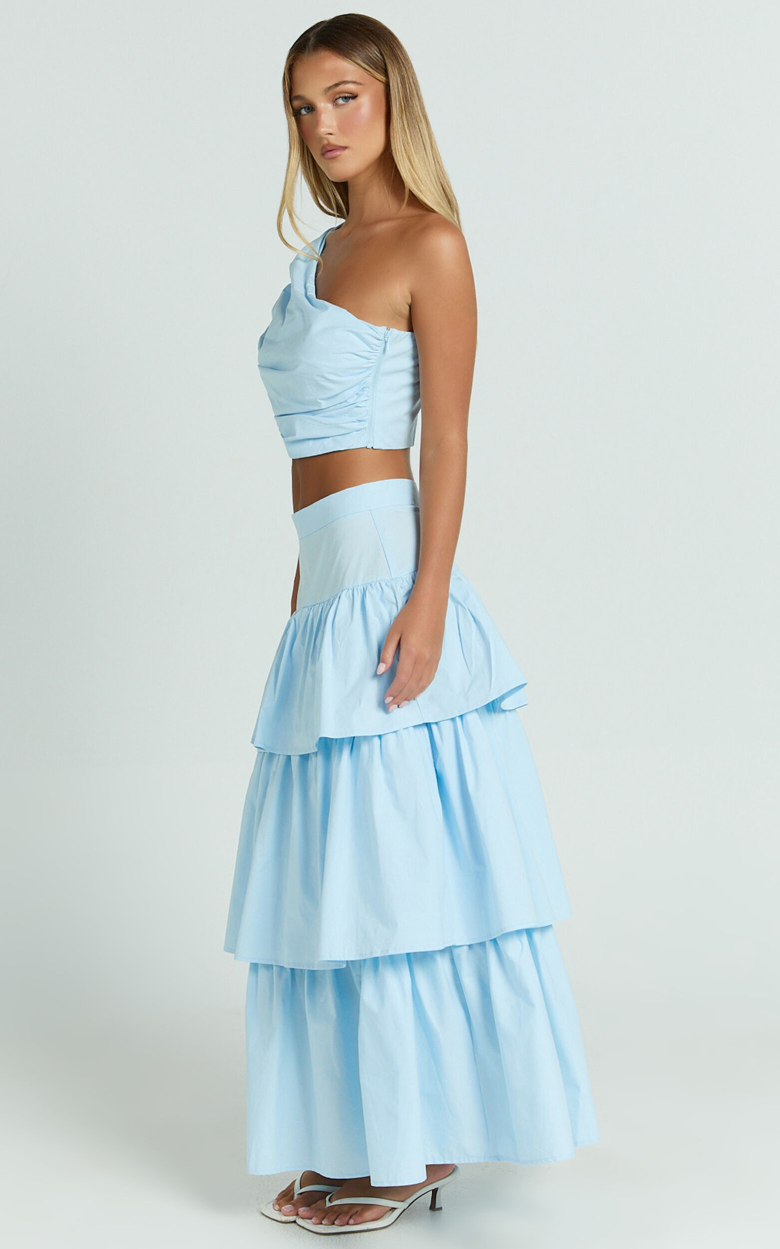 Kaycie Two Piece Set - One Shoulder Asymmetrical Ruched Top and Tiered Midi Skirt Set in Pale Blue