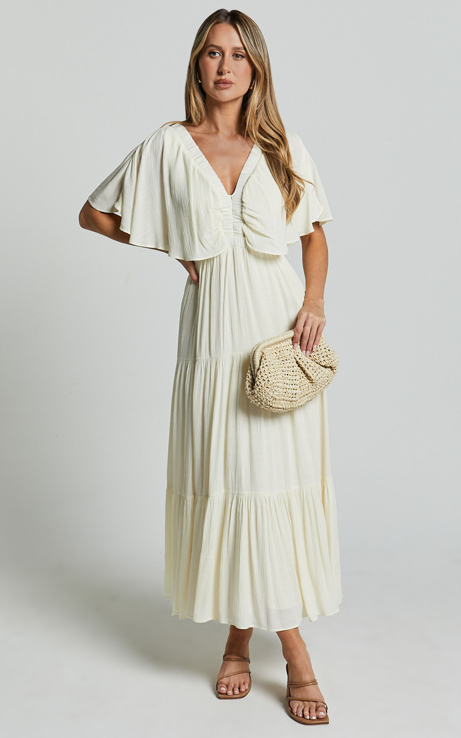 Danny Midi Dress - Ruffle Sleeve Tiered Dress in Natural