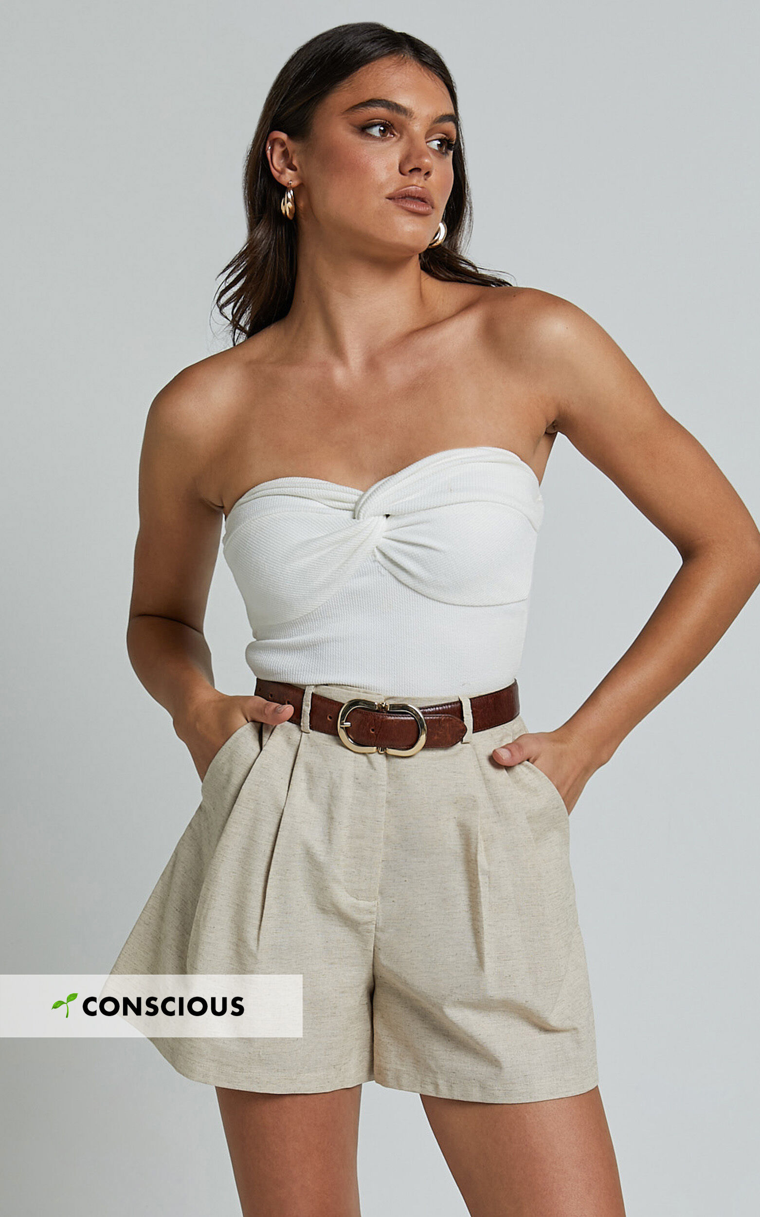 Ali Linen Shorts - High Waisted Cuffed Shorts in Natural
