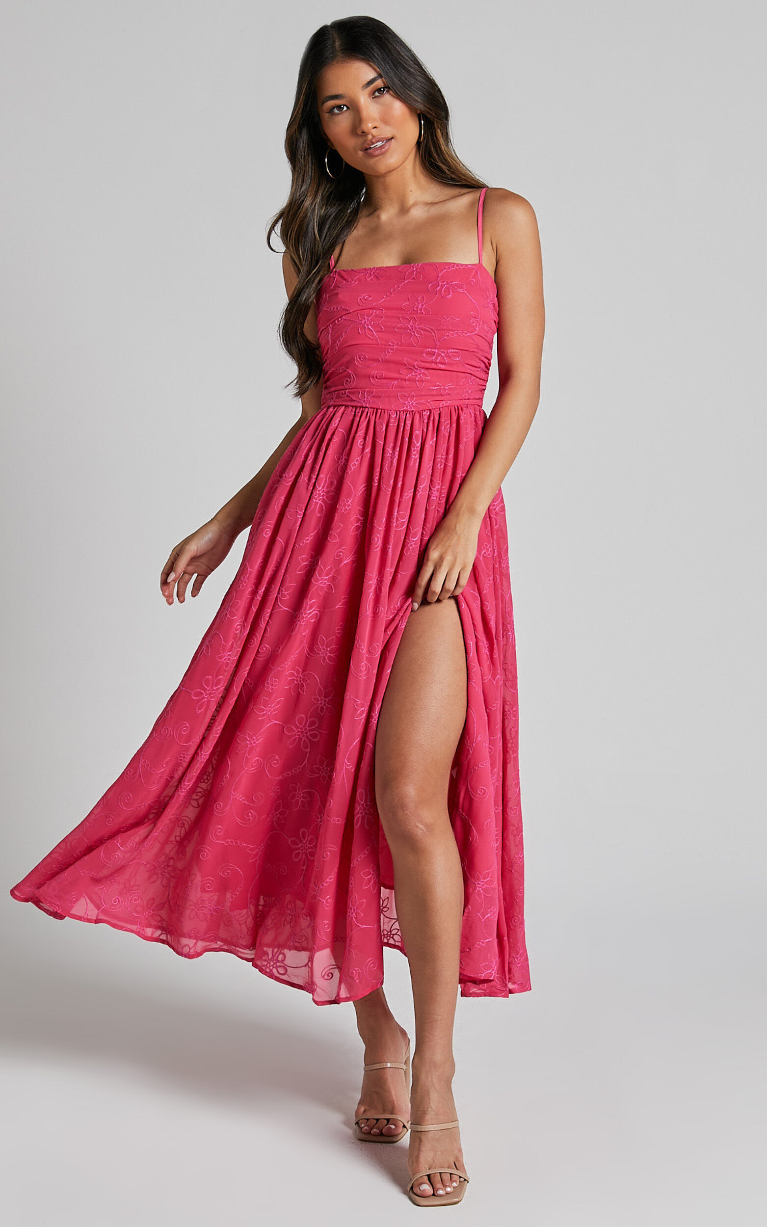 Adina Midi Dress - Embroidered Strappy Straight Neck Ruched Bodice Dress in Pink