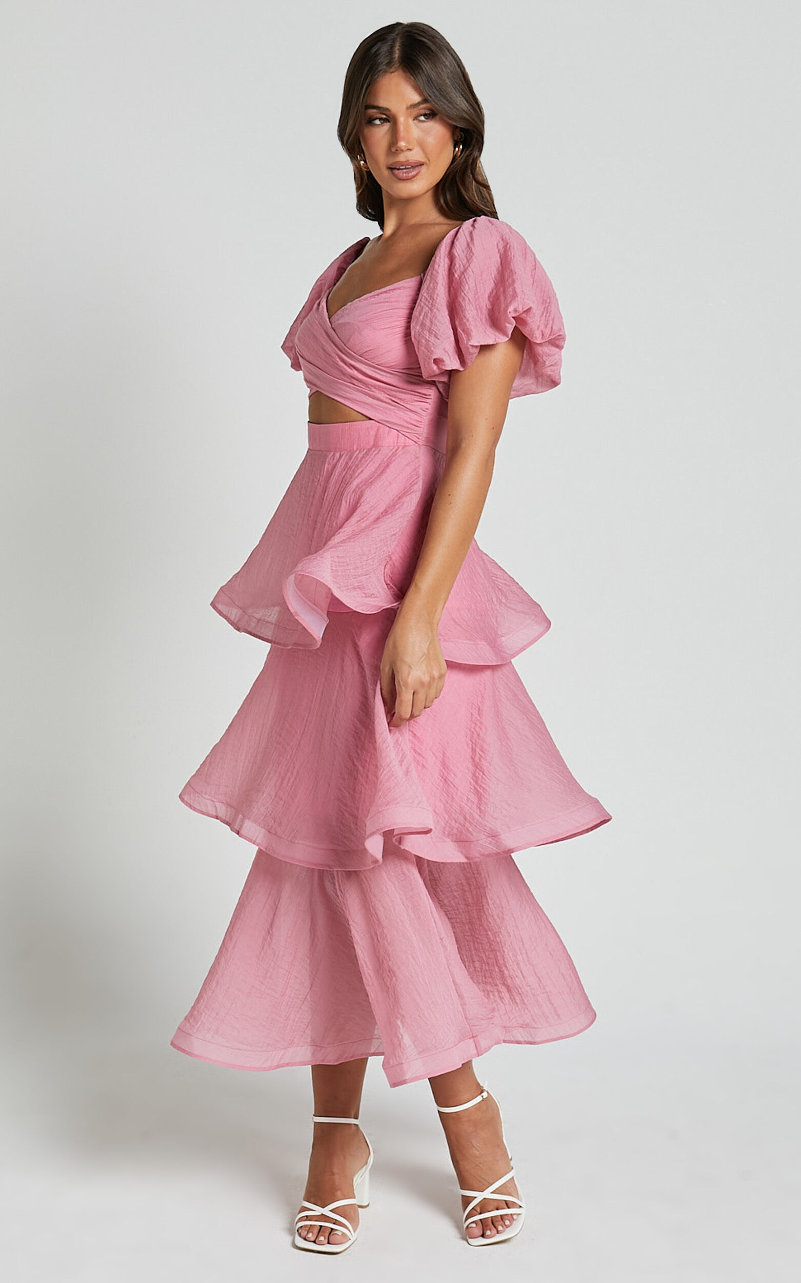 Giselle Midi Dress - Short Puff Sleeve Front Cut Out Layered Dress in Pink