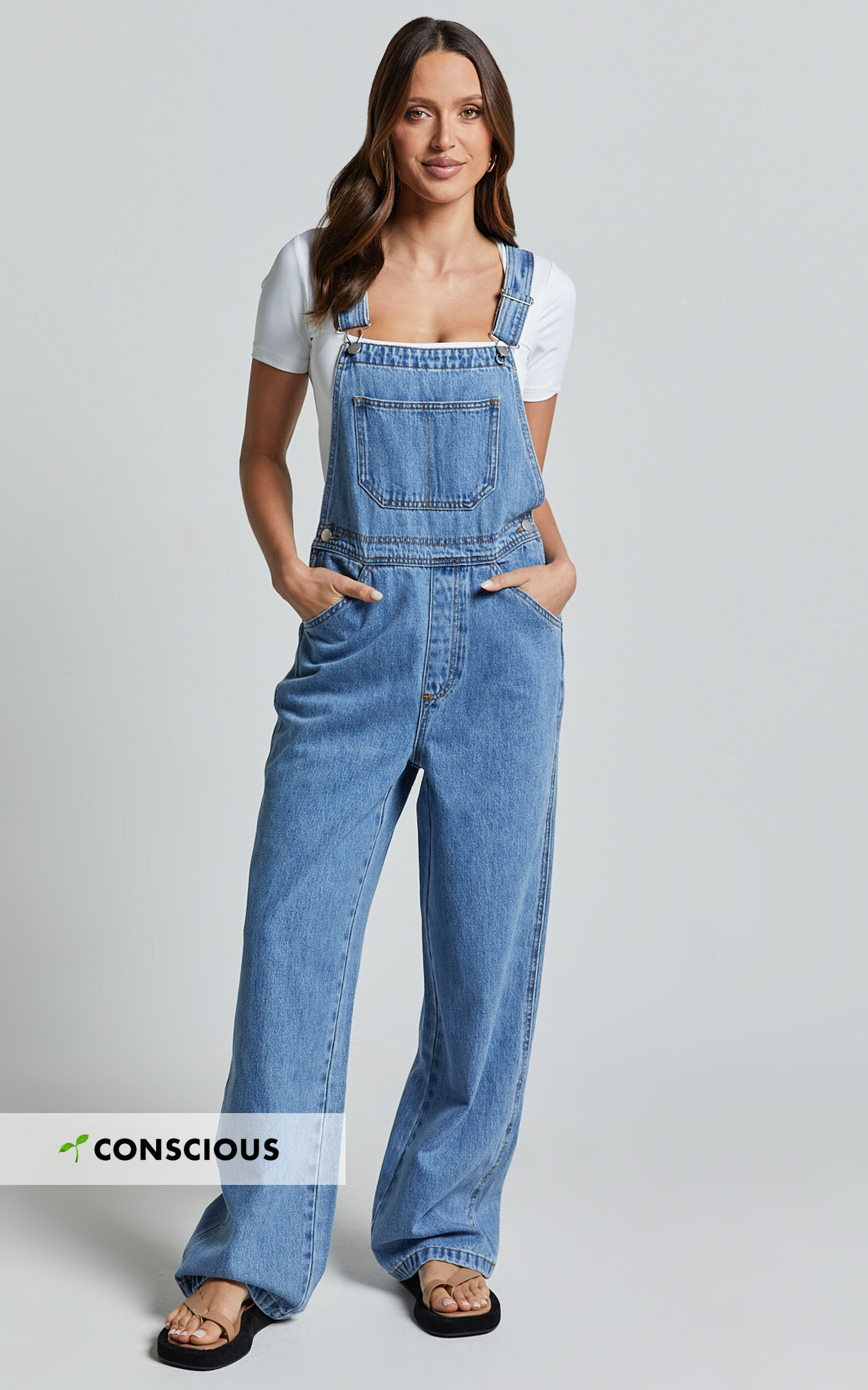 Brixton Jumpsuit - Straight Leg Denim Overalls in Mid Blue Wash
