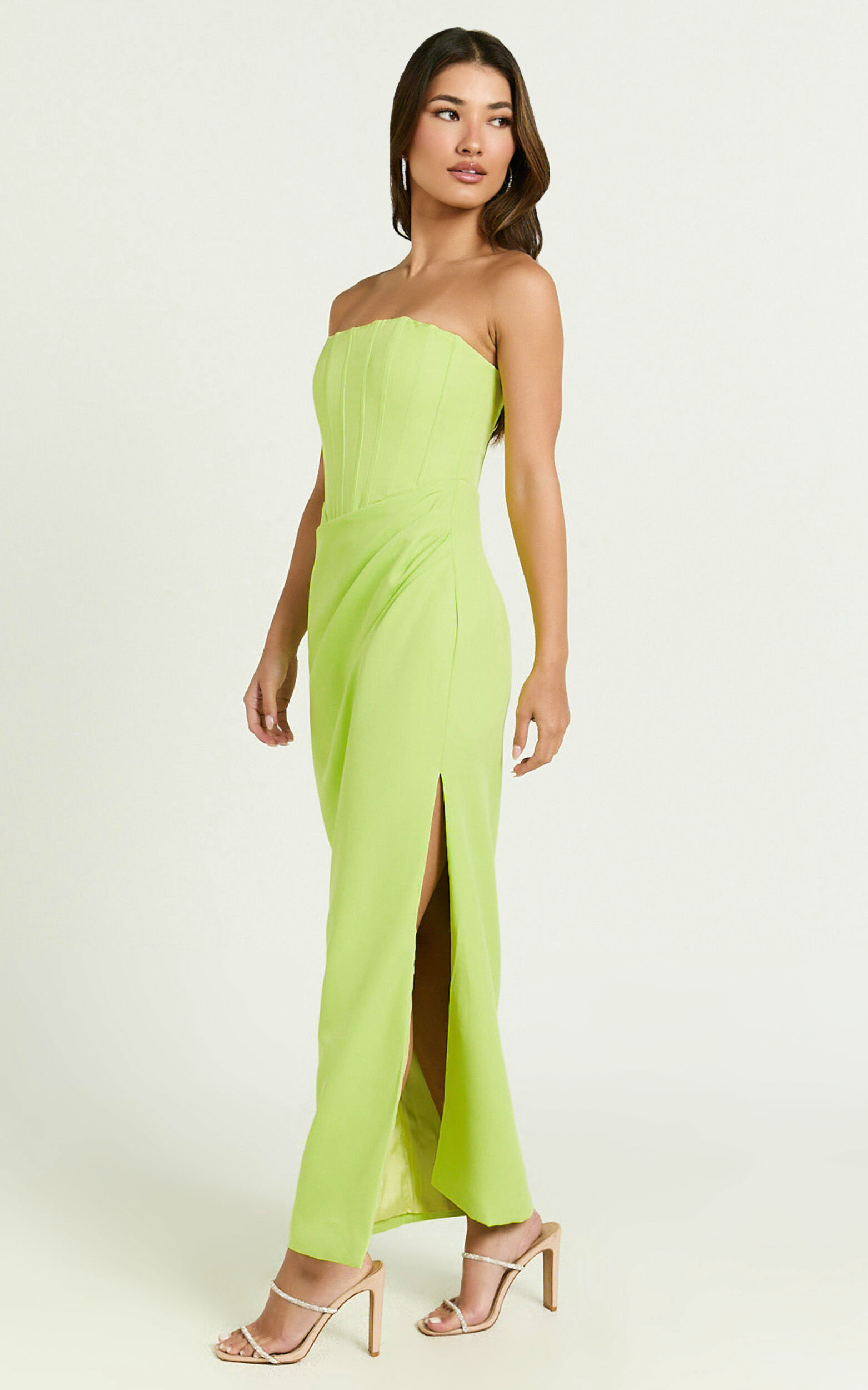 Avery Midi Dress - Strapless Draped Side Split Dress in Lime