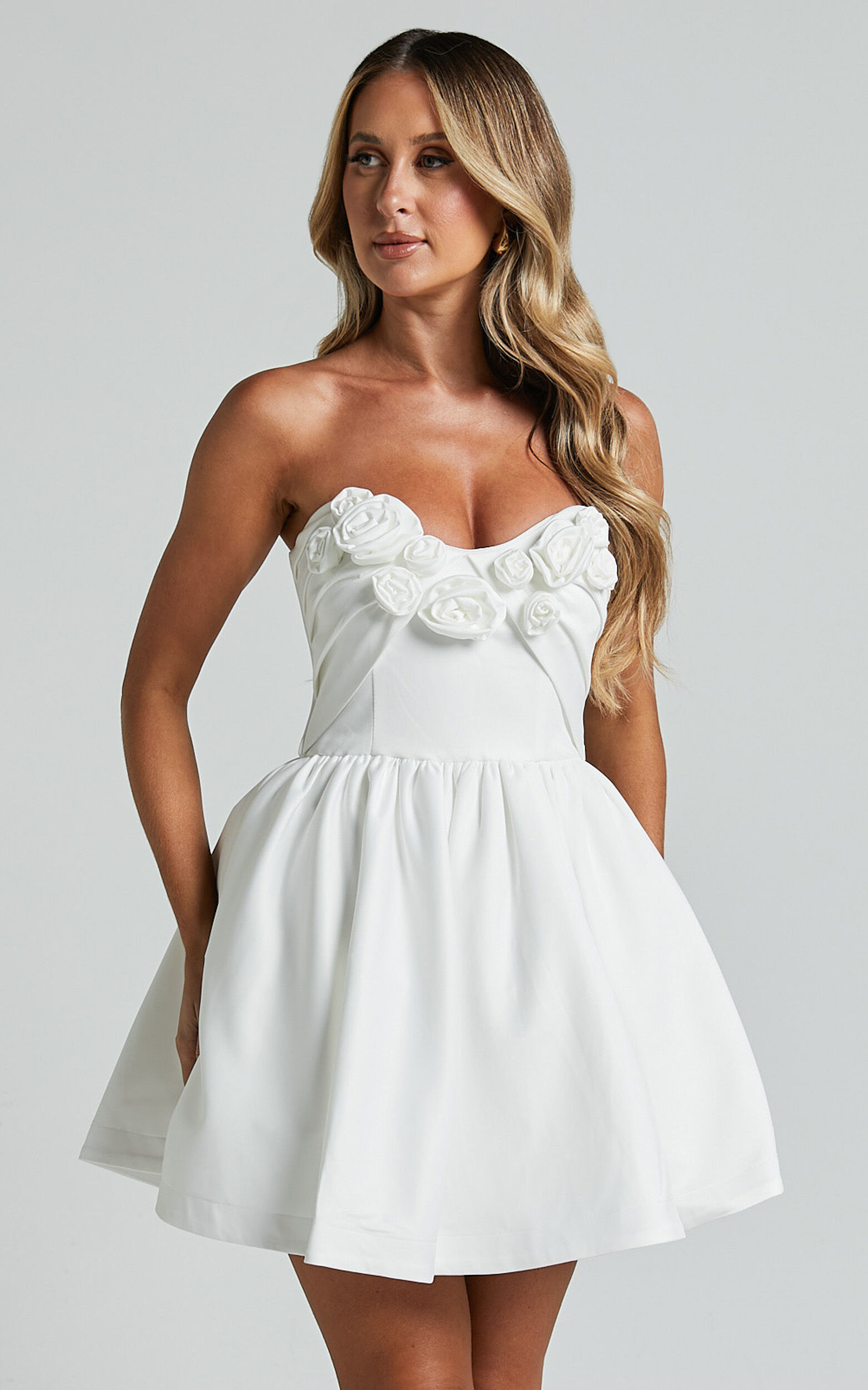 Angeletta Mini Dress - Sweetheart Rosette Detail Fit & Flare in White