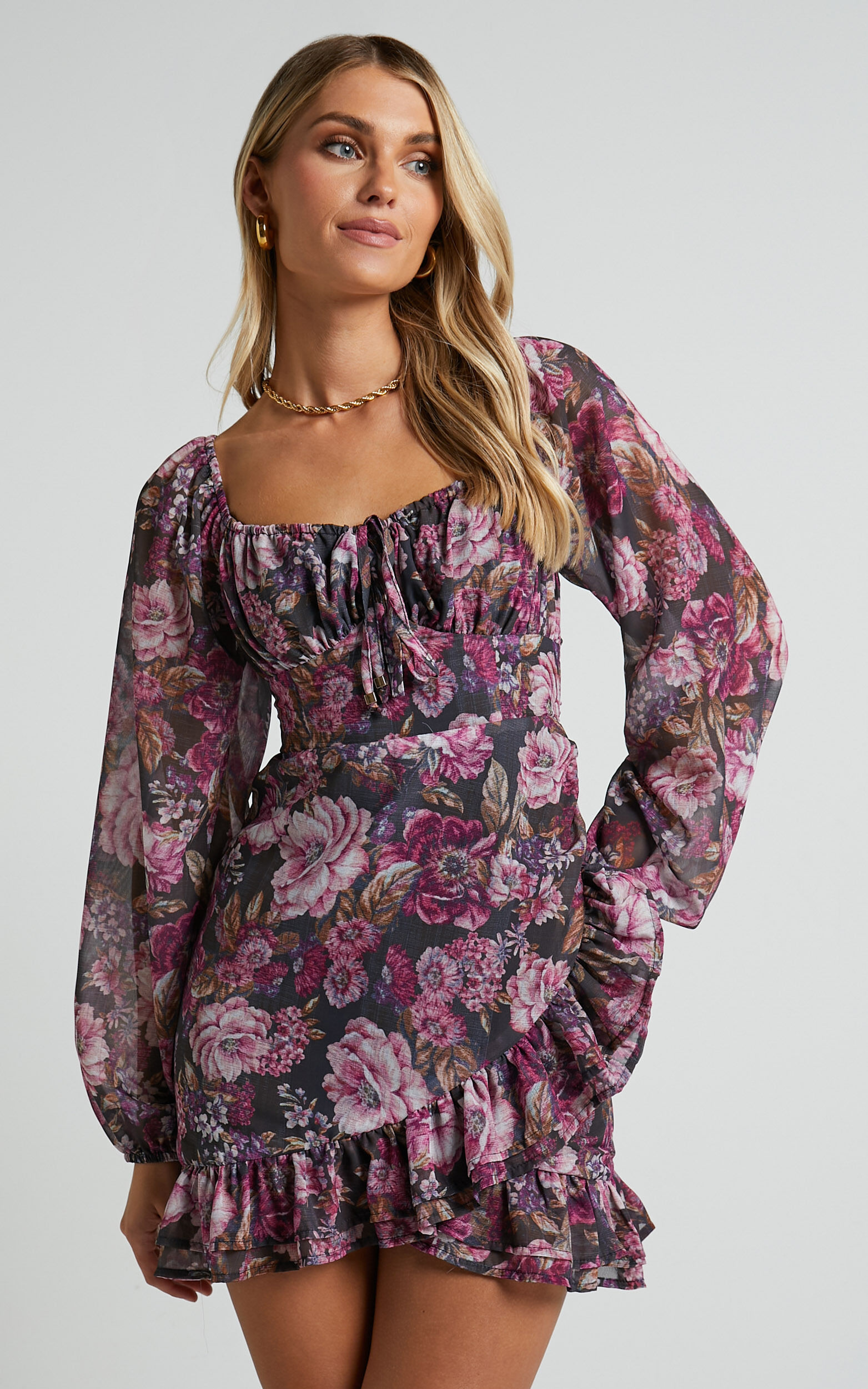 Grizela Mini Dress - Gathered Bust Long Sleeve Dress in Harvest Floral