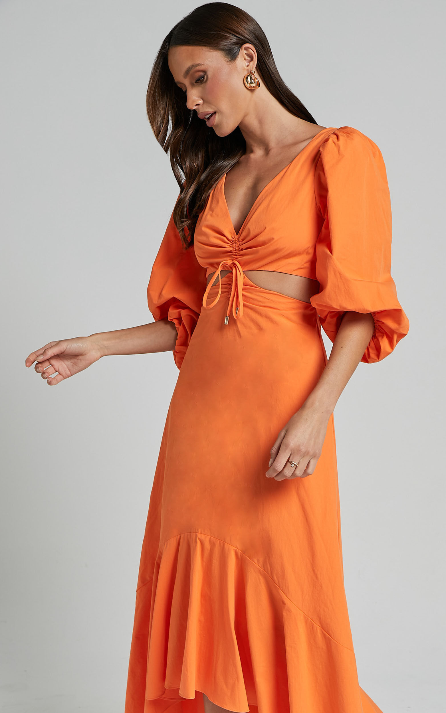 Djibouti Midi Dress - Puff Sleeve Cut Out Dress in Orange