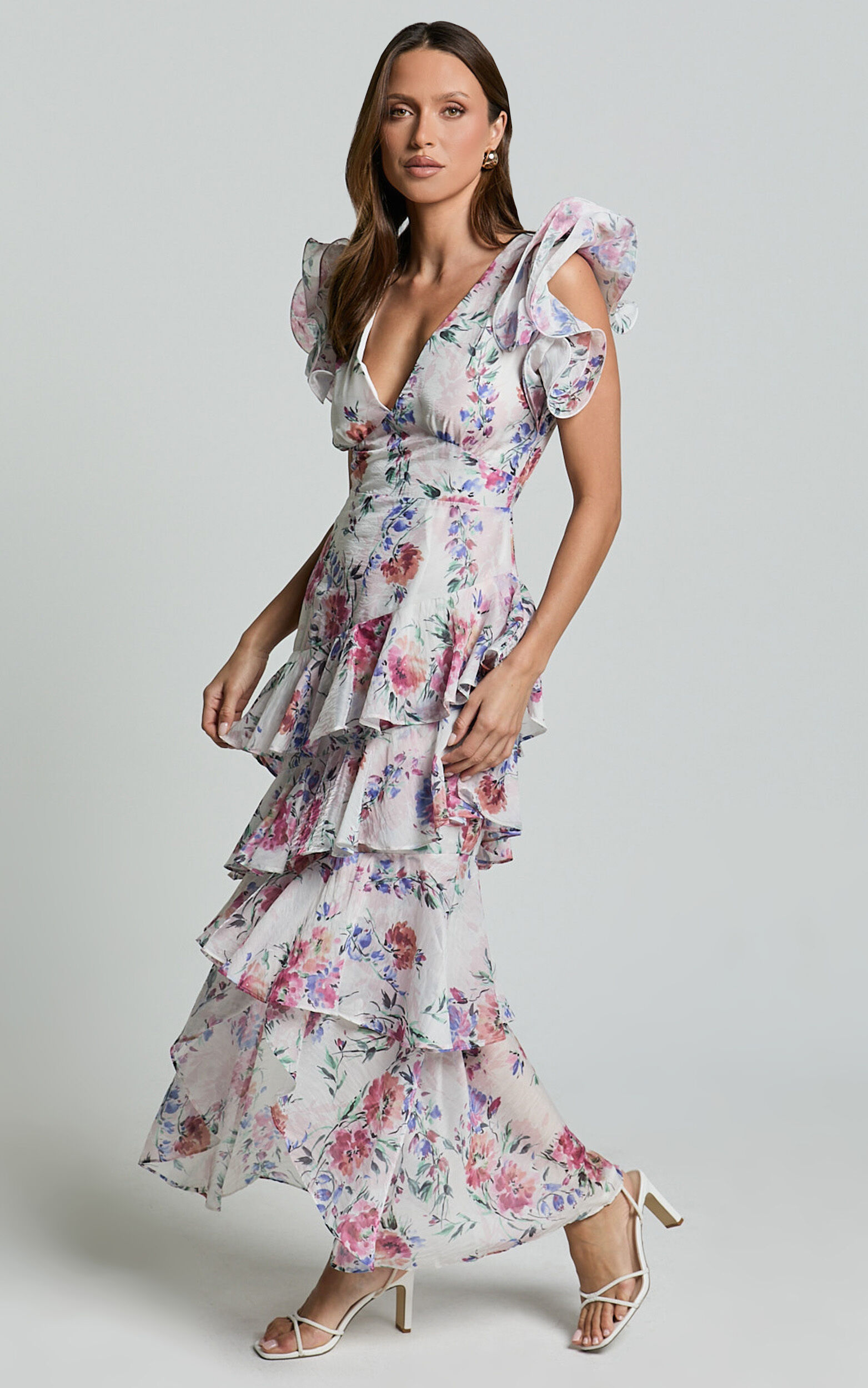 Amalie The Label - Sienah Ruffle Sleeve Tiered Midi Dress in Delhia Floral Print