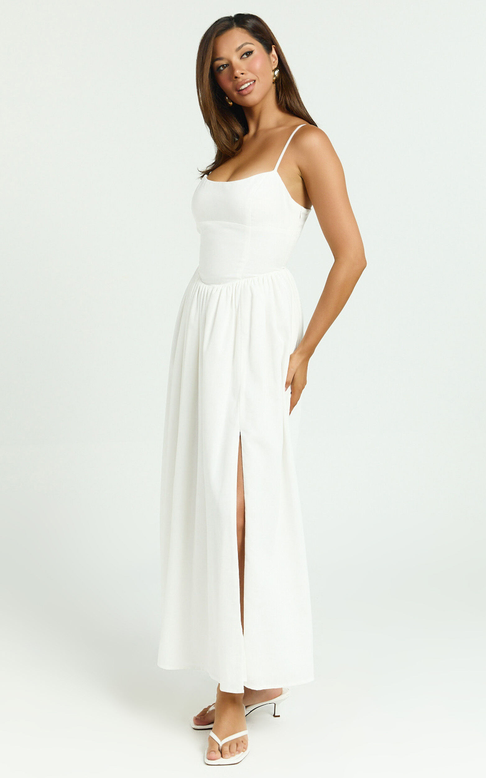 Morris Midi Dress - Linen Scoop Neck Gathered Dress in Off White