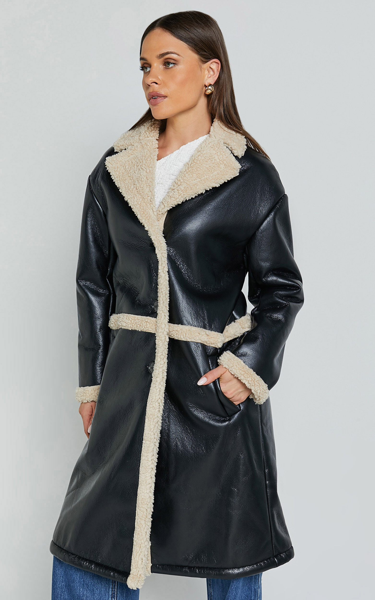 Jan Coat - Longline Faux Shearling Aviator Coat in Black