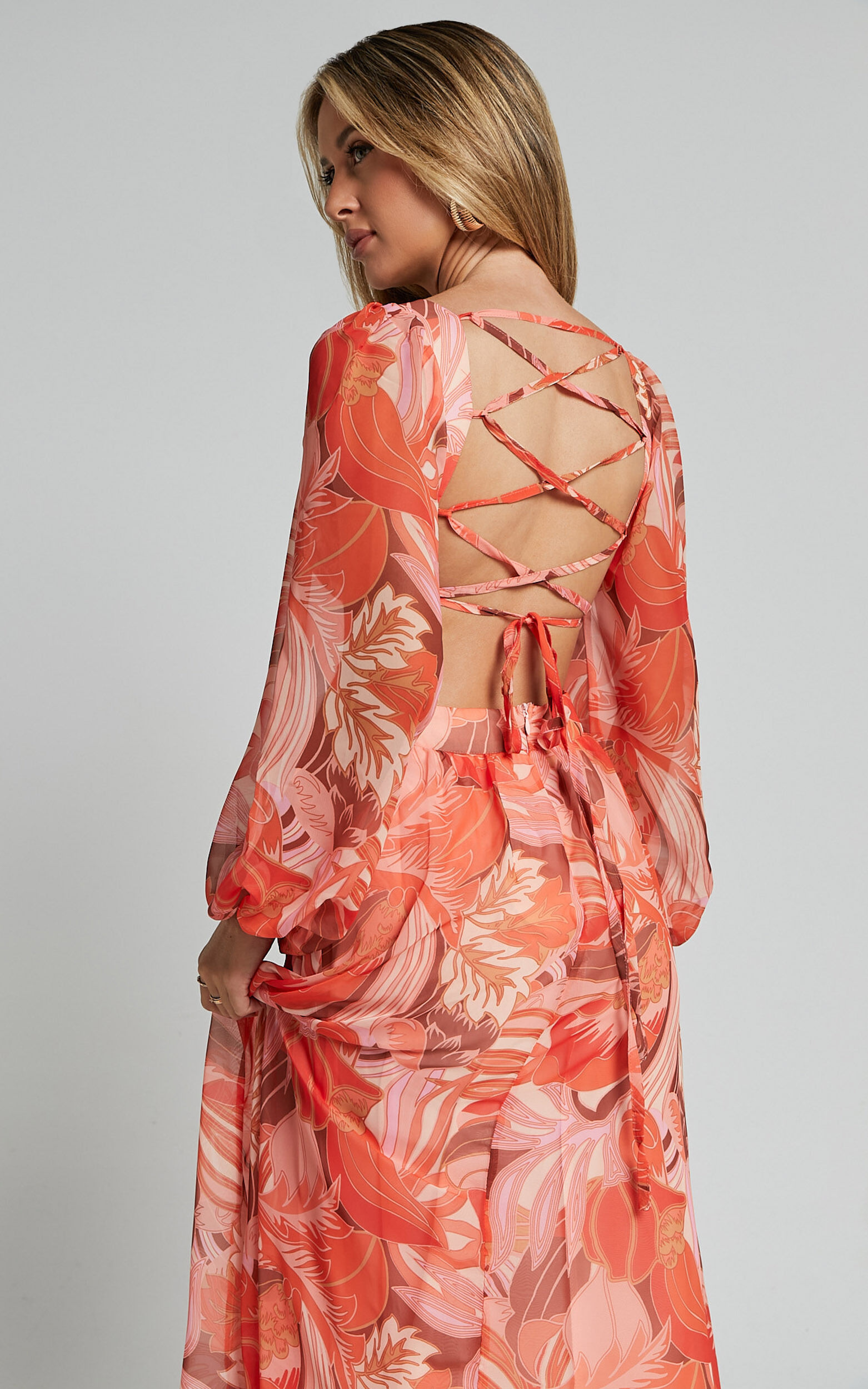 Deborah Midi Dress - Ballon Sleeve V Neck Side Cut Out Dress in Orange Floral