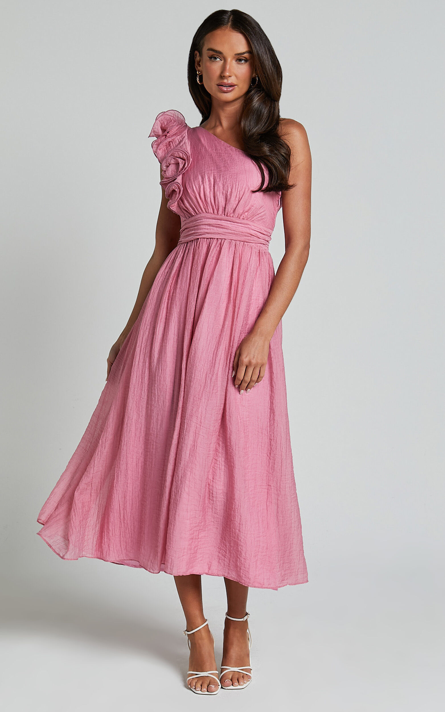 Dorothy Midi Dress - One Shoulder Frill Detail Fit and Flare Dress in Pink