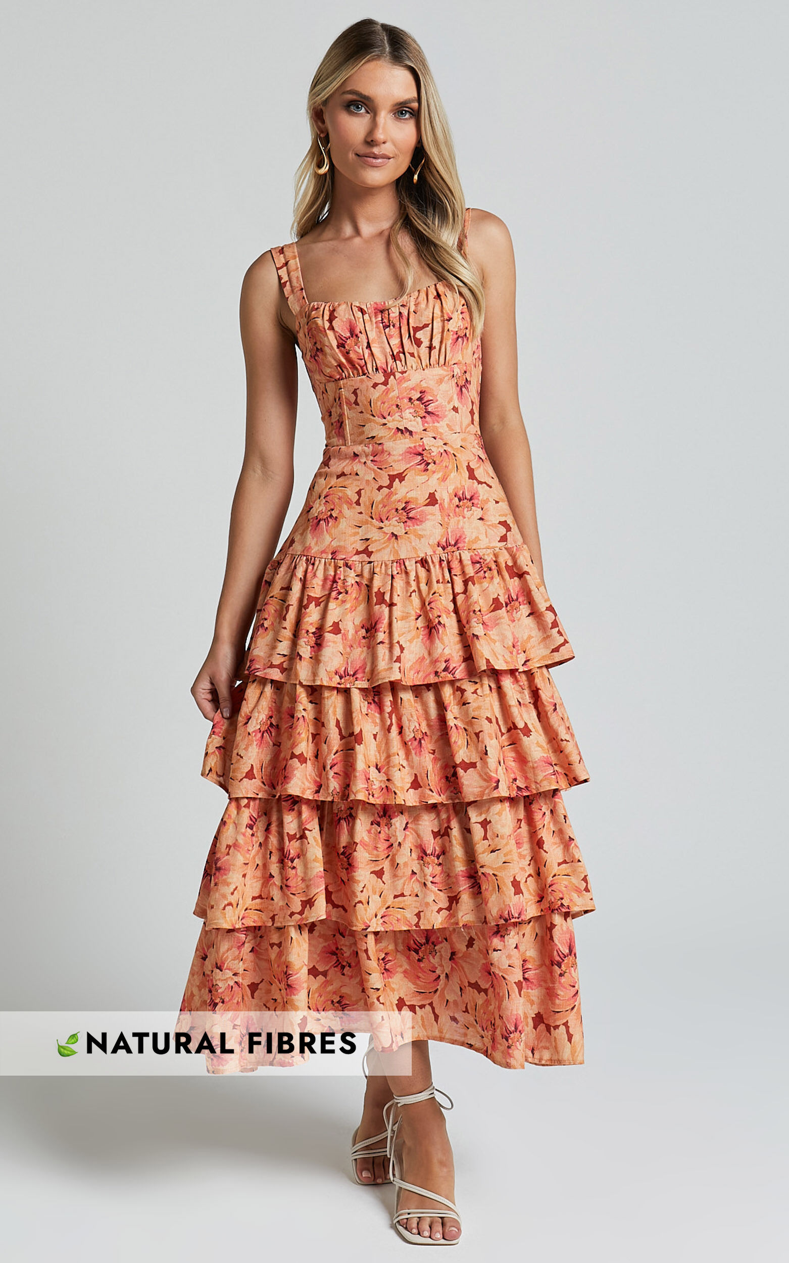 Amalie The Label - Adela Linen Look Blend Tiered Midi Dress in Valencia Print