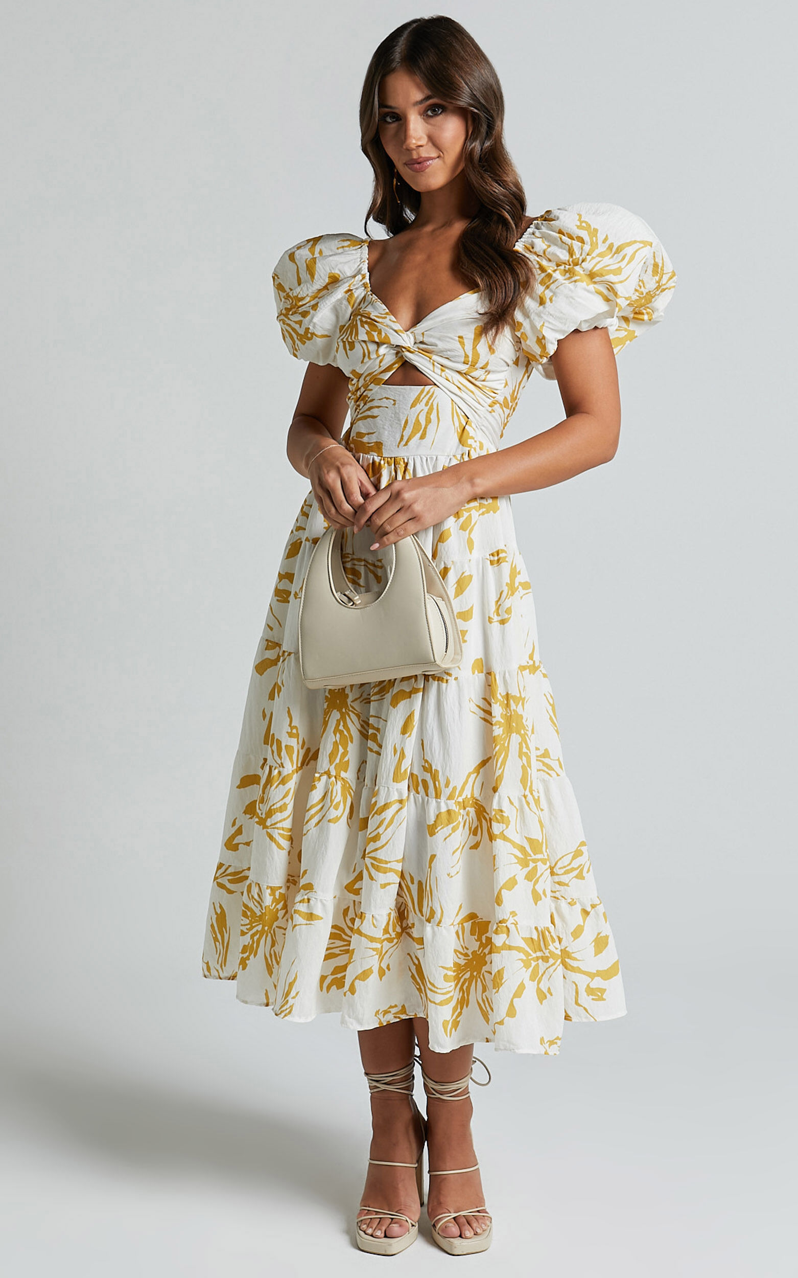 Jamaella Midi Dress - Short Puff Sleeve Front Cut Out Dress in White Floral