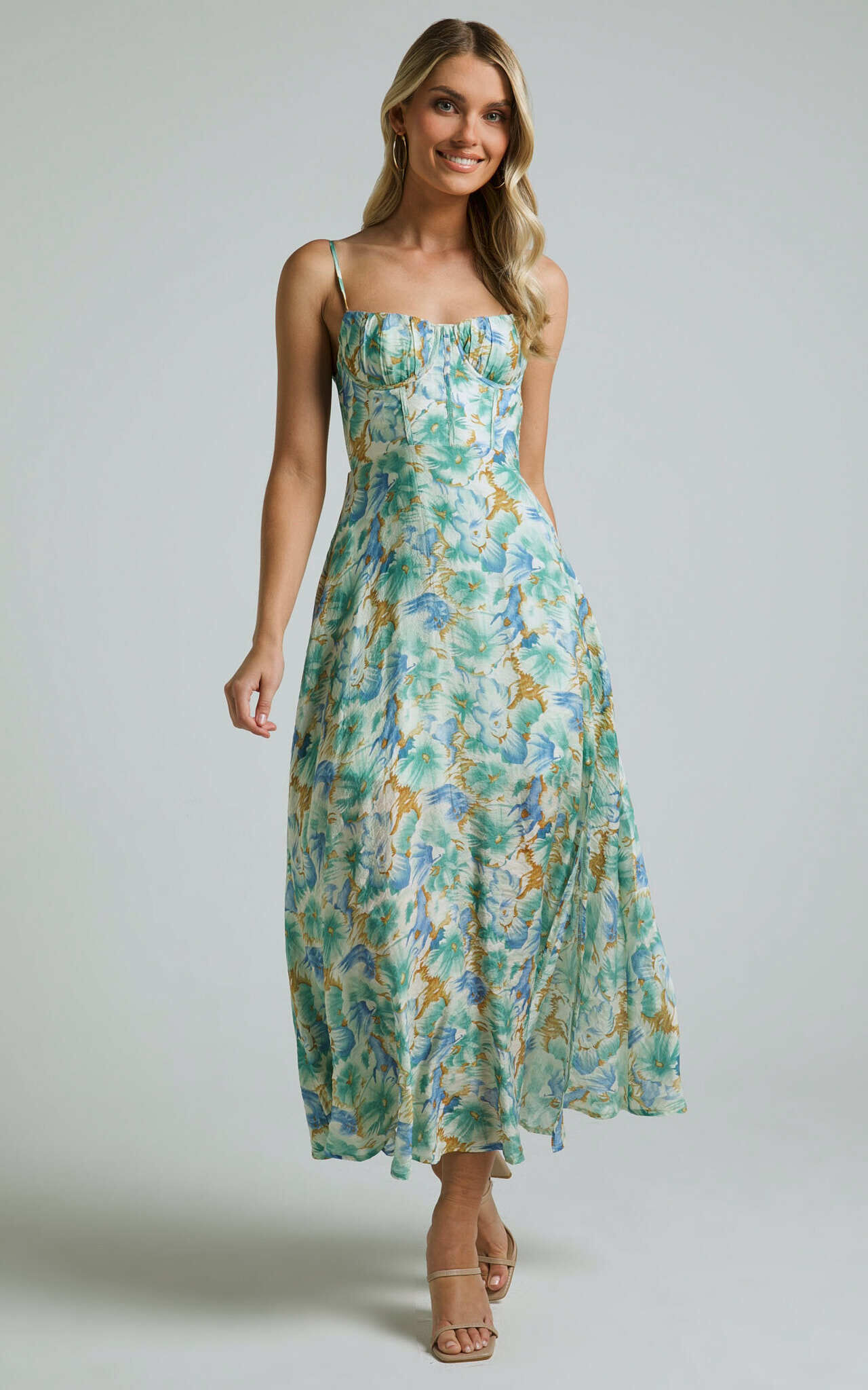 Elenita Midi Dress - Cup Bust Sleeveless Slit Dress in Green Floral