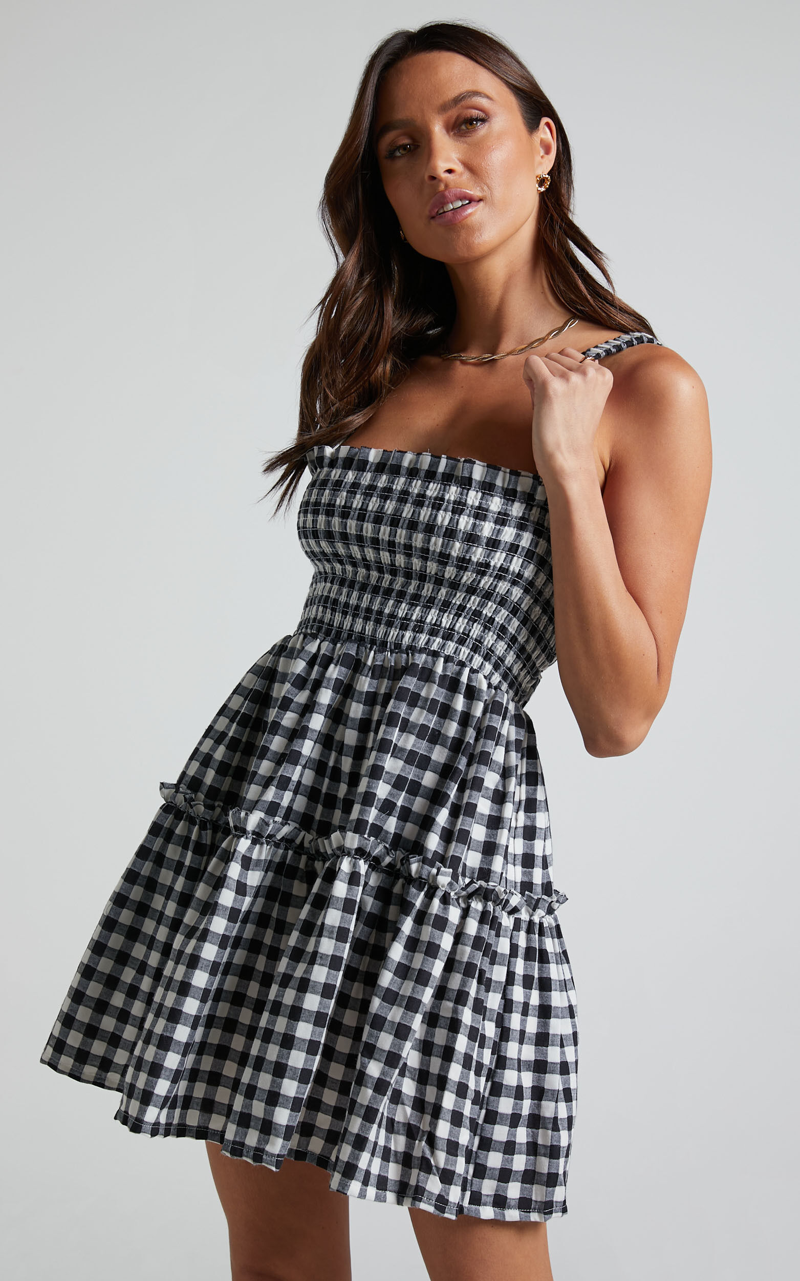 Wilda Mini Dress - Shirred Tiered Dress in Black and White Check