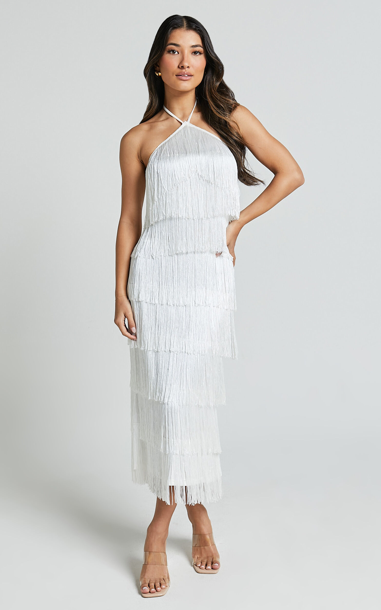 Trixie Maxi Dress - Diamond Halter Neck Fringe Tiered Dress in White