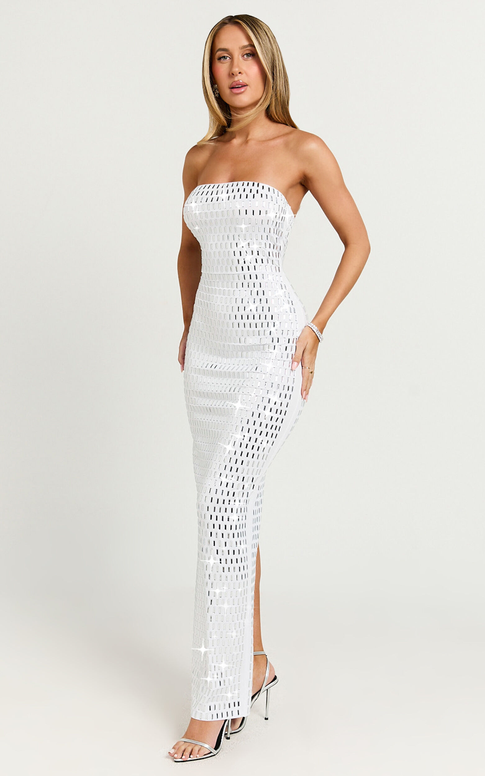 Joyce Maxi Dress - Heat Press Strapless Dress in Silver