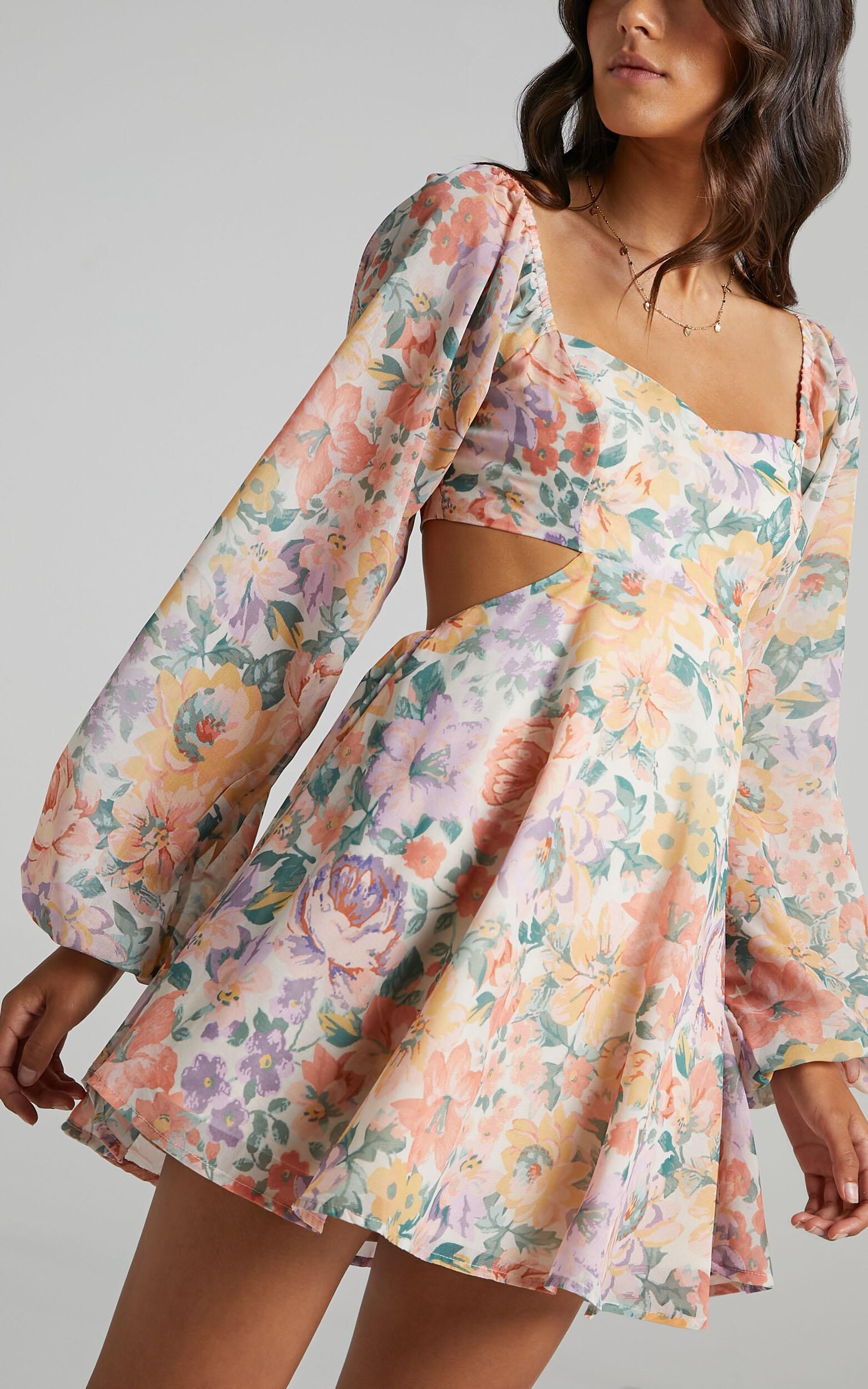 Ebonee Mini Dress - Puff Sleeve Cut Out Dress in Flower Crown