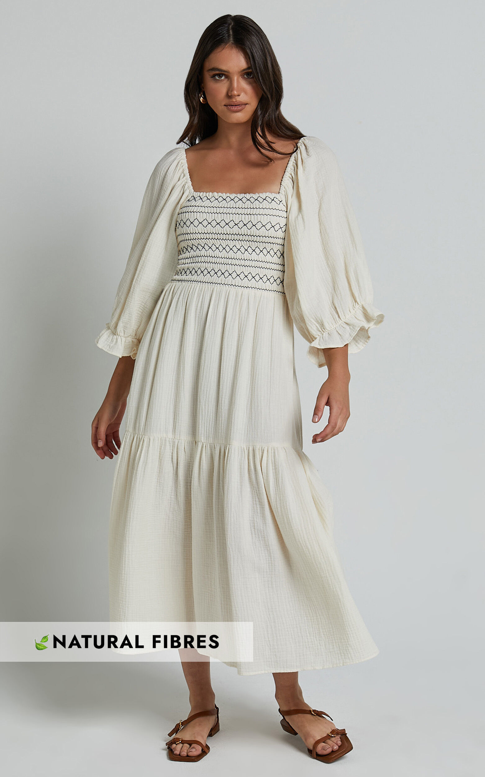 Bellenie Midi Dress - 3/4 Puff Sleeve Square Neck Smock Bodice Tiered Dress in Natural