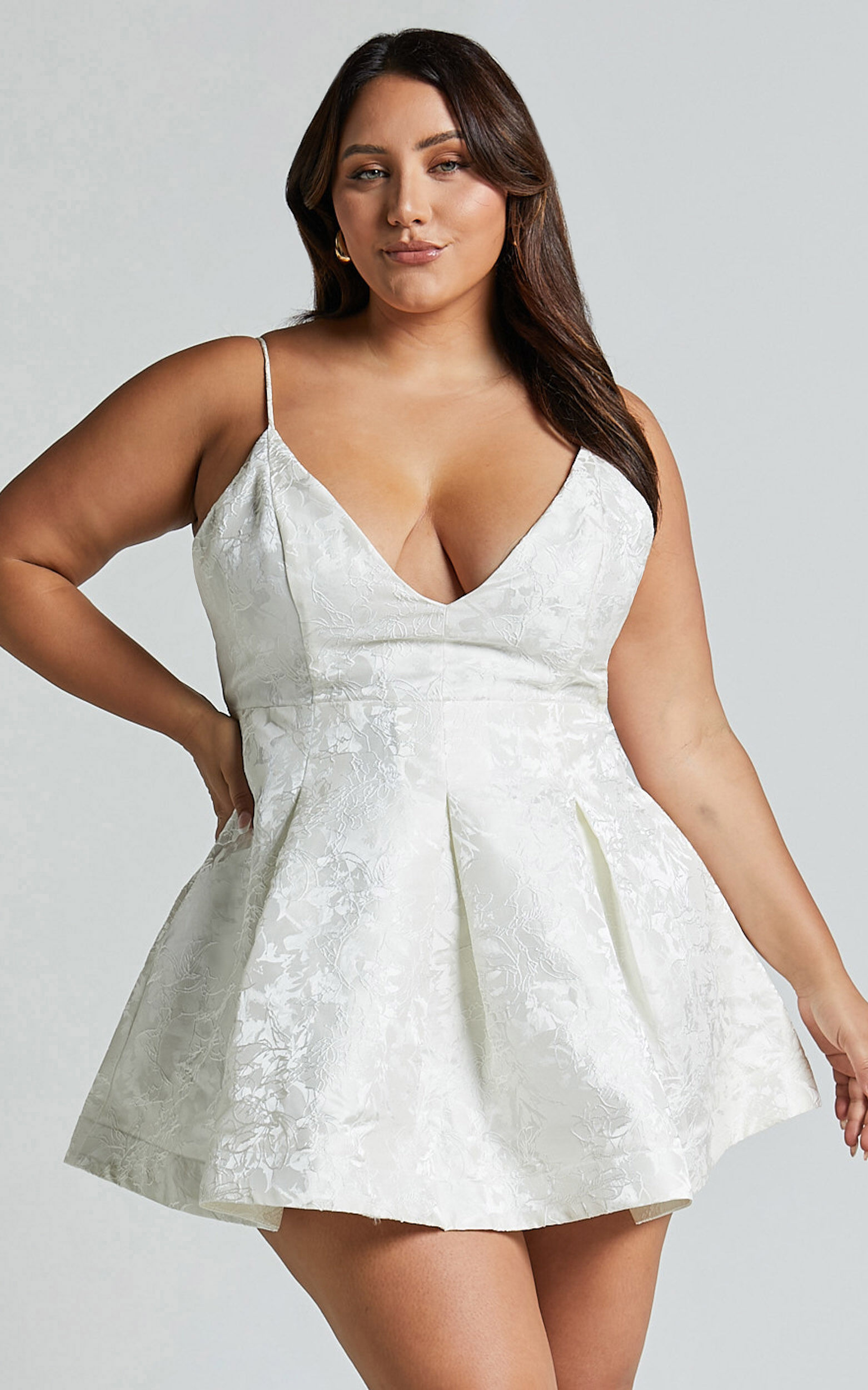 Gemima Mini Dress - Strappy Plunge Neck Fit and Flare Dress in White