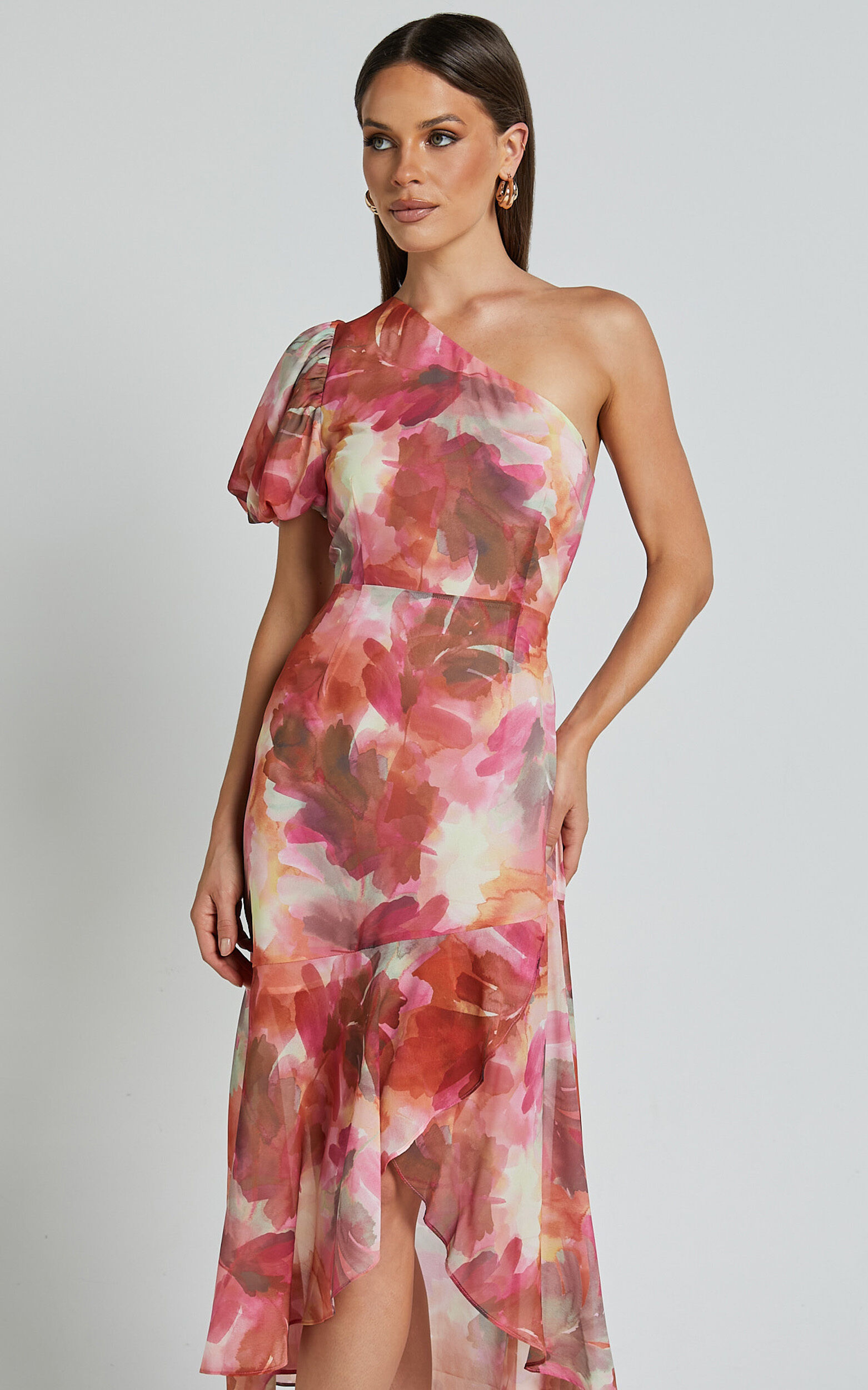Labelle Midi Dress - Recycled Polyester One Shoulder Asymmetric Dress in Haze Floral