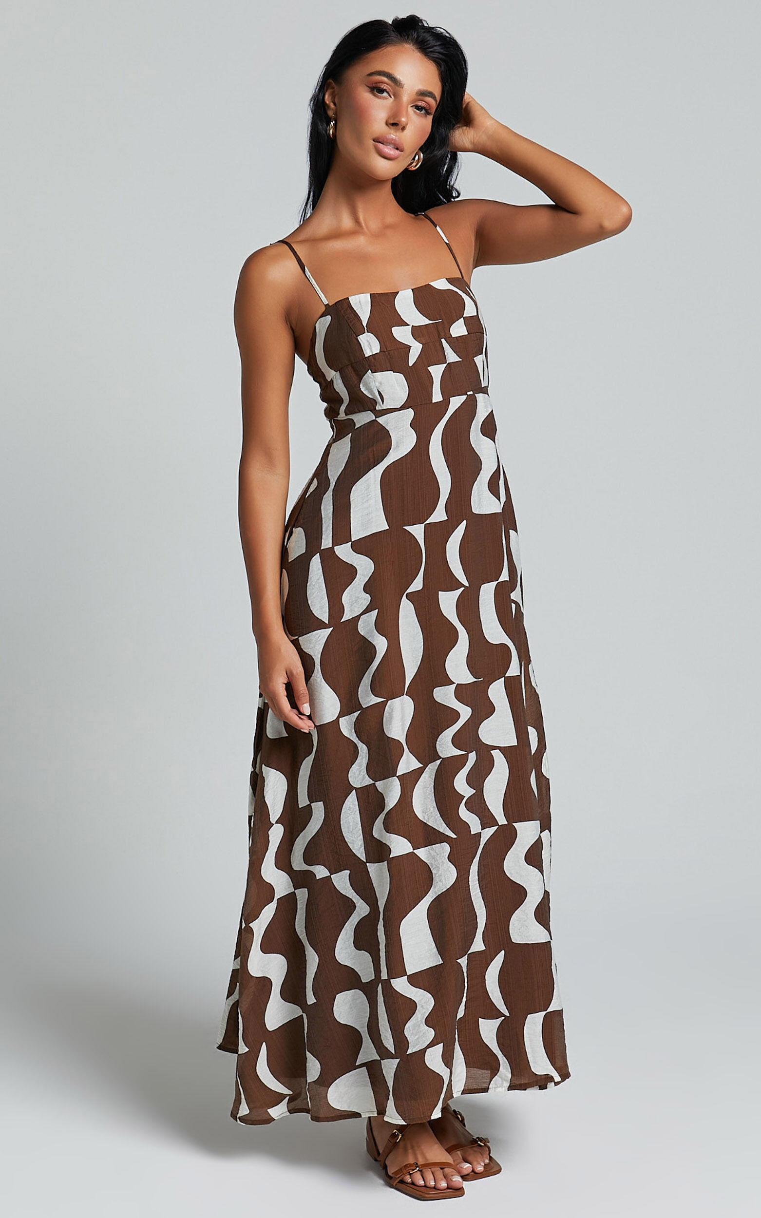 Elisabetta Midi Dress - Empire Waist A Line Dress in Chocolate Mono Wave