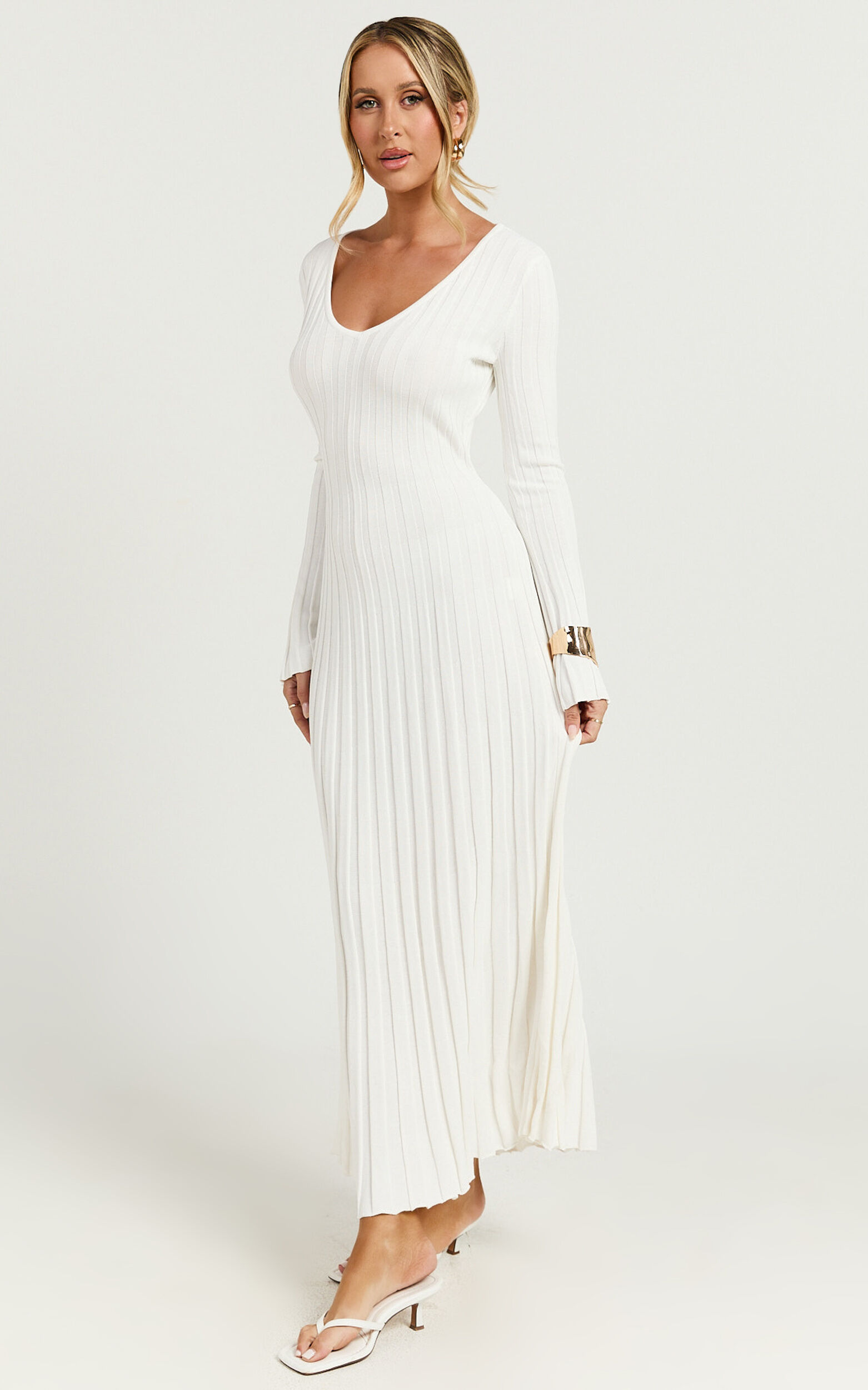 Astra Midi Dress - V Neck Long Sleeve Knit Dress in White