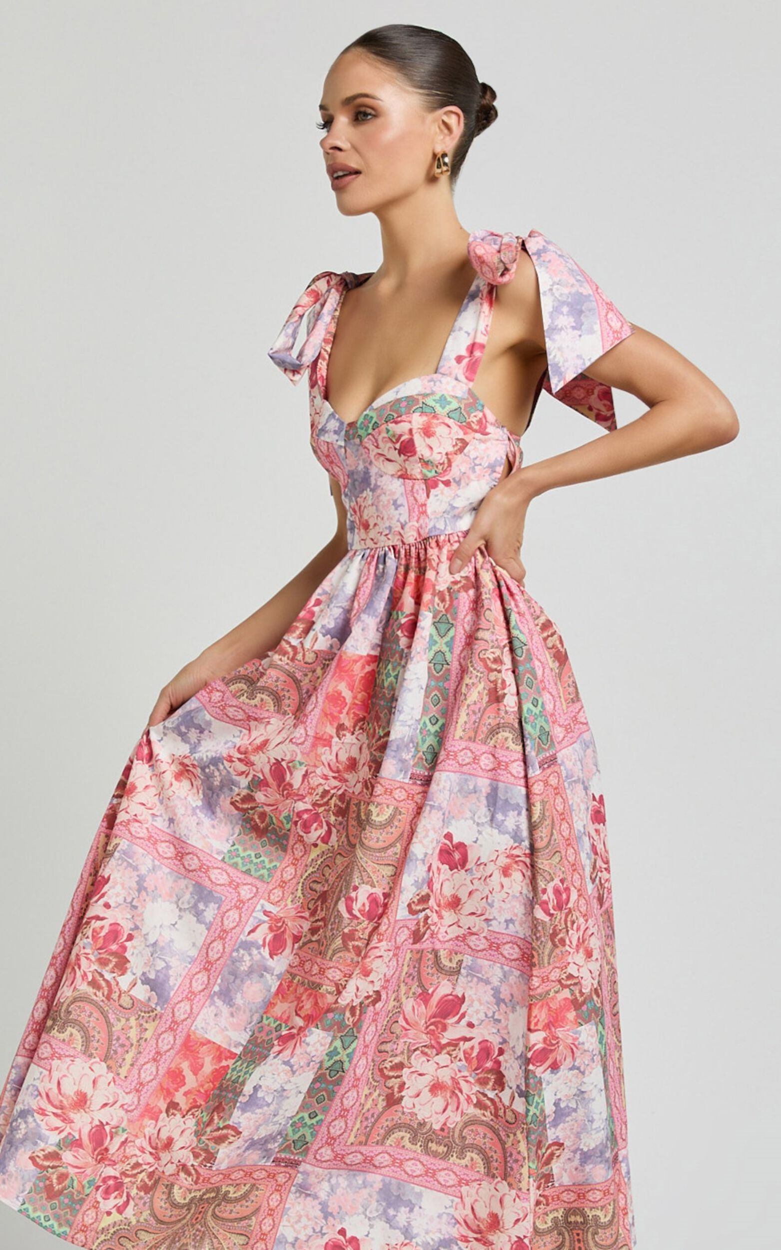 Meagan Midi Dress - Tie Shoulder Gathered Skirt Dress in Floral Mosaic Print