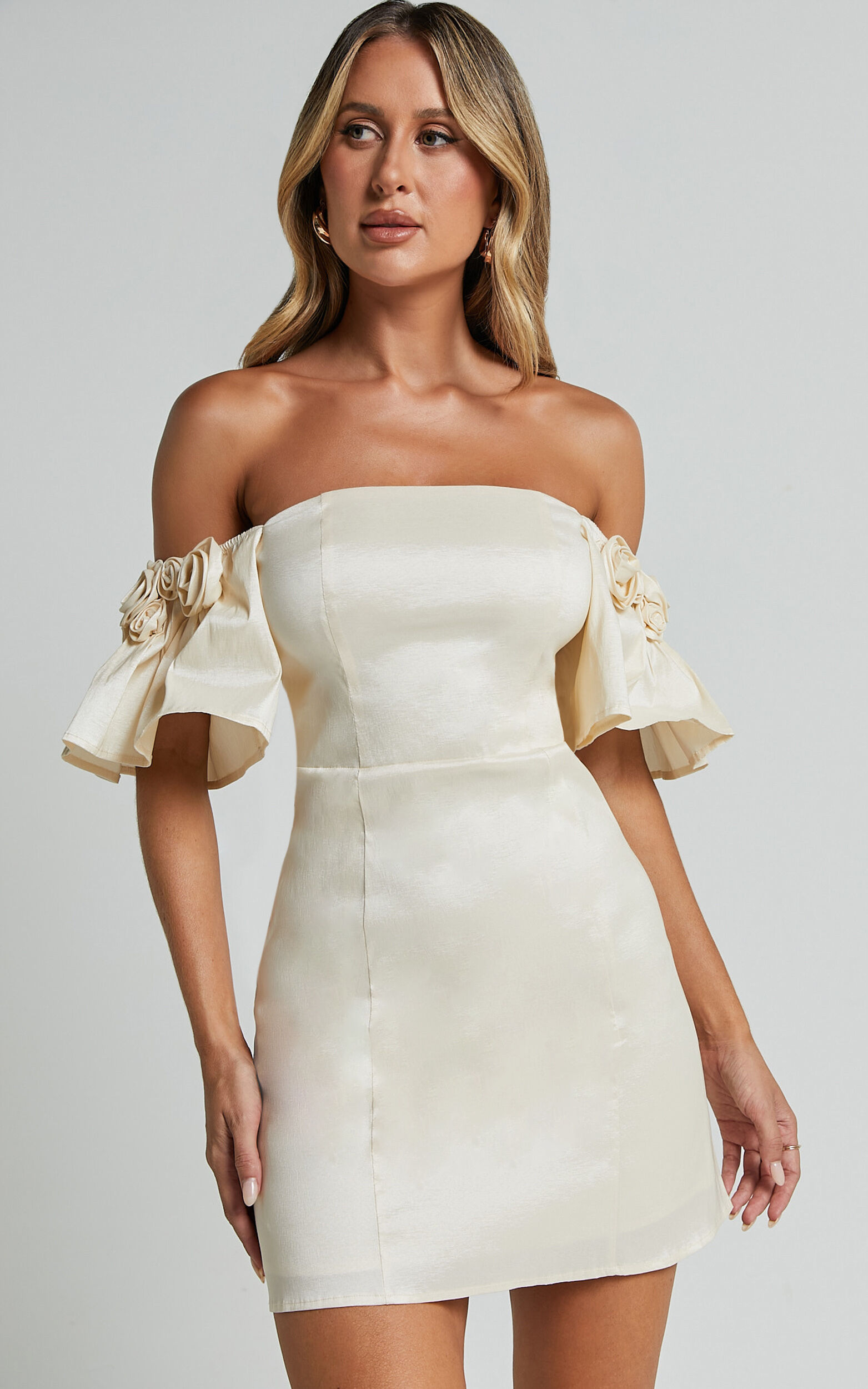 Shauna Mini Dress - Off Shoulder Rosette Detail A Line in Oyster