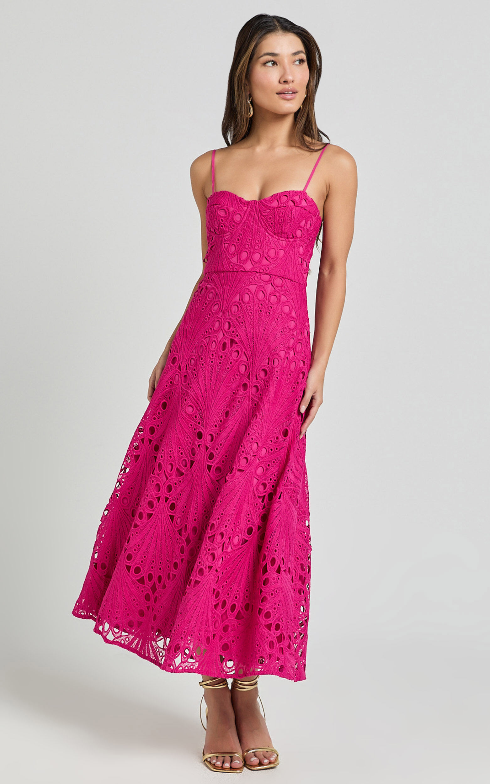 Nikka Midi Dress - Sweetheart Bustier Lace Dress in Pink