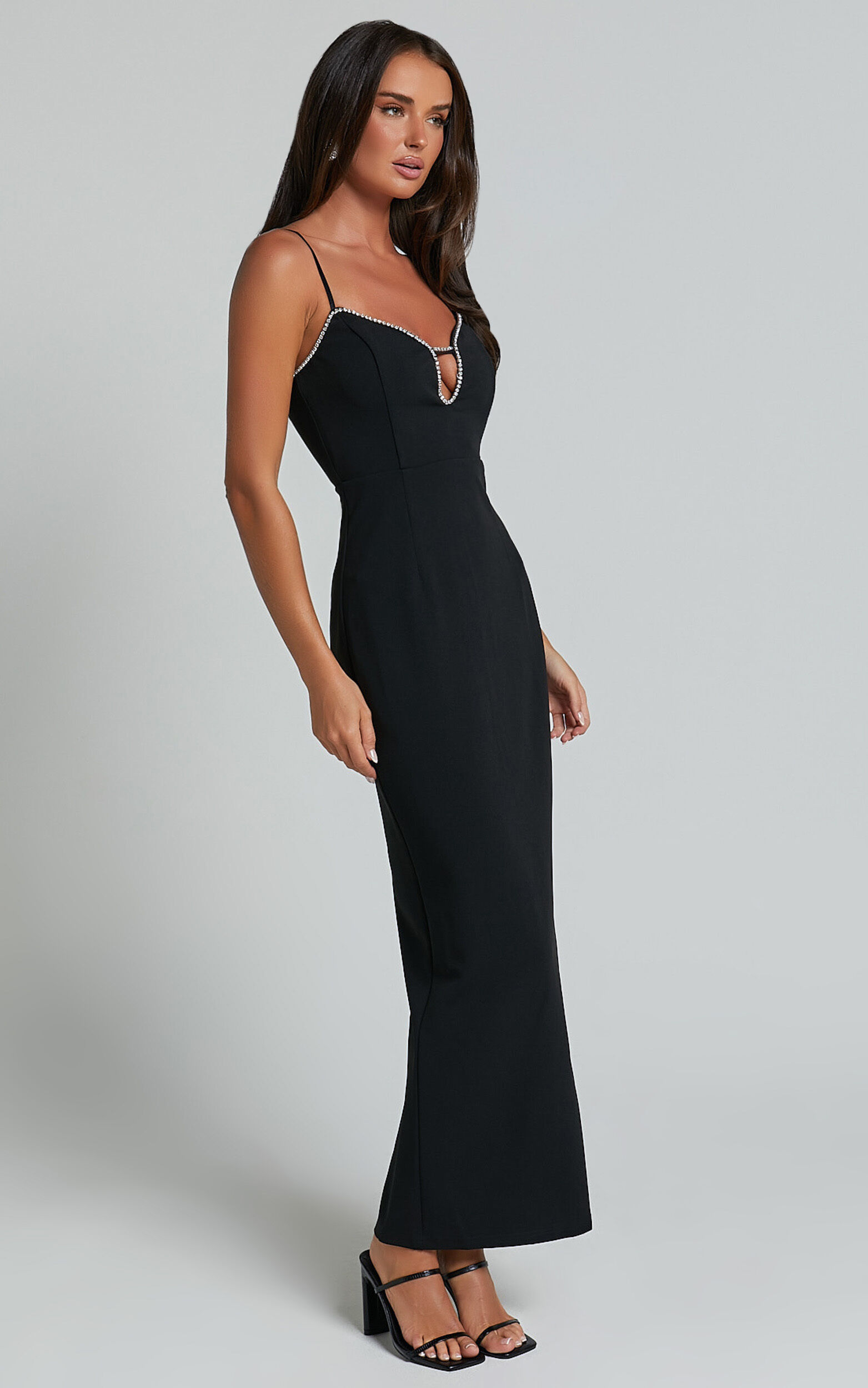 Felicity Midi Dress - Plunge Diamante Detail Dress in Black