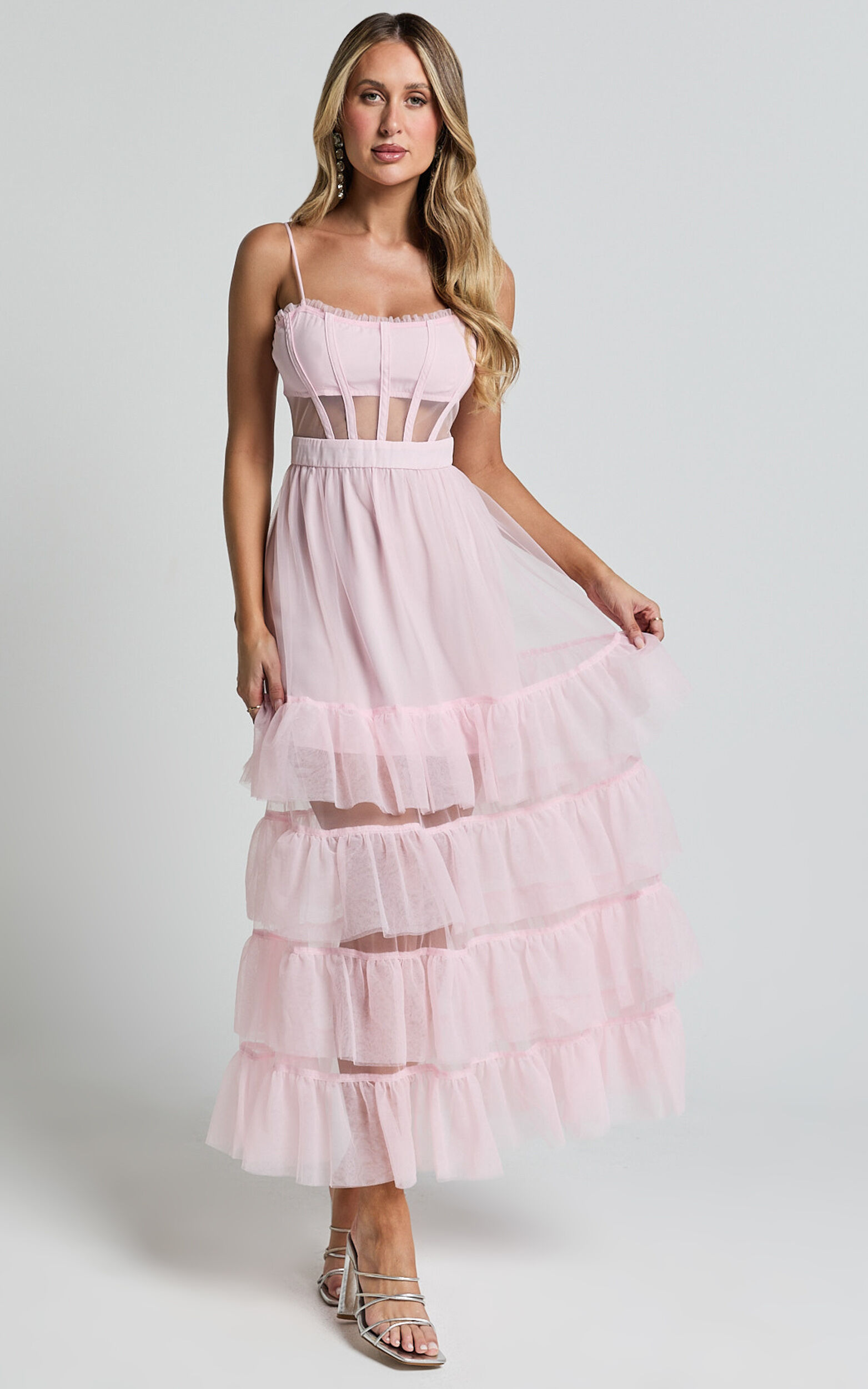 Evelynn Midi Dress - Sweetheart Corset Bodice Fit & Flare Tiered in Ballet Pink