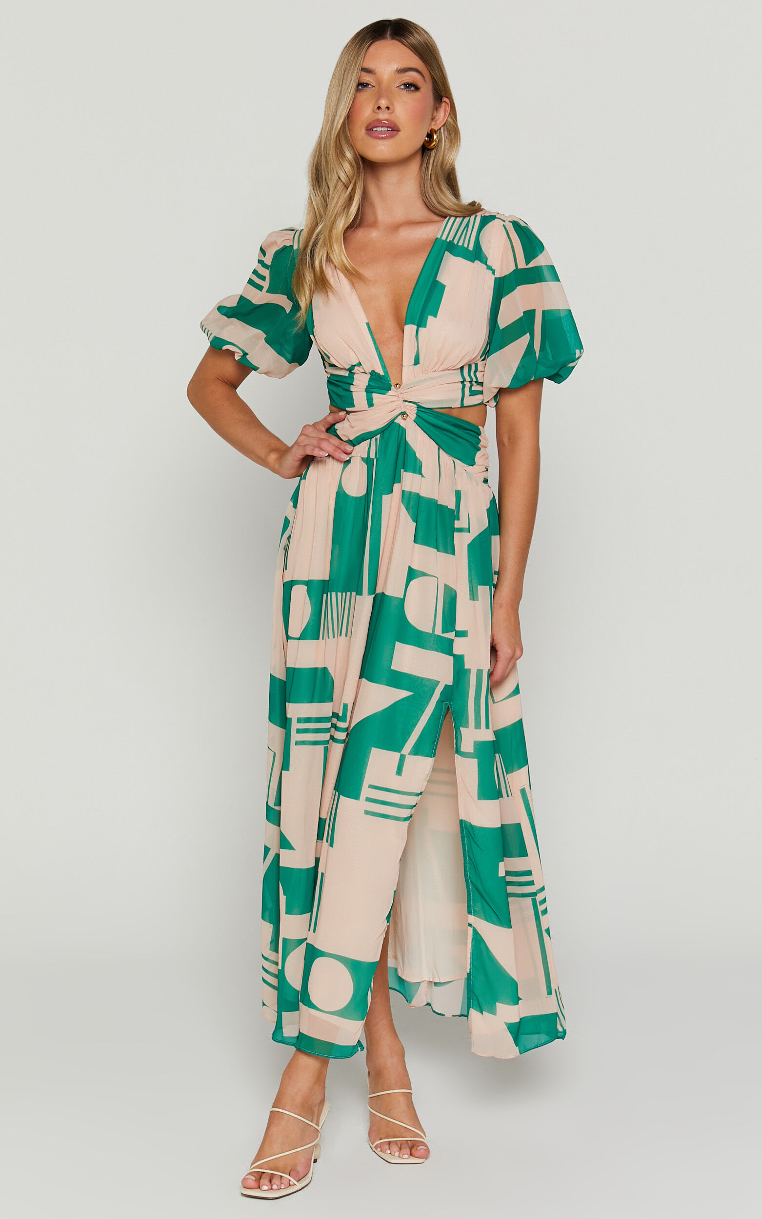 Lindey Midi Dress - Side Cut Plunge Neck Puff Sleeve Dress in Green and Cream Geo