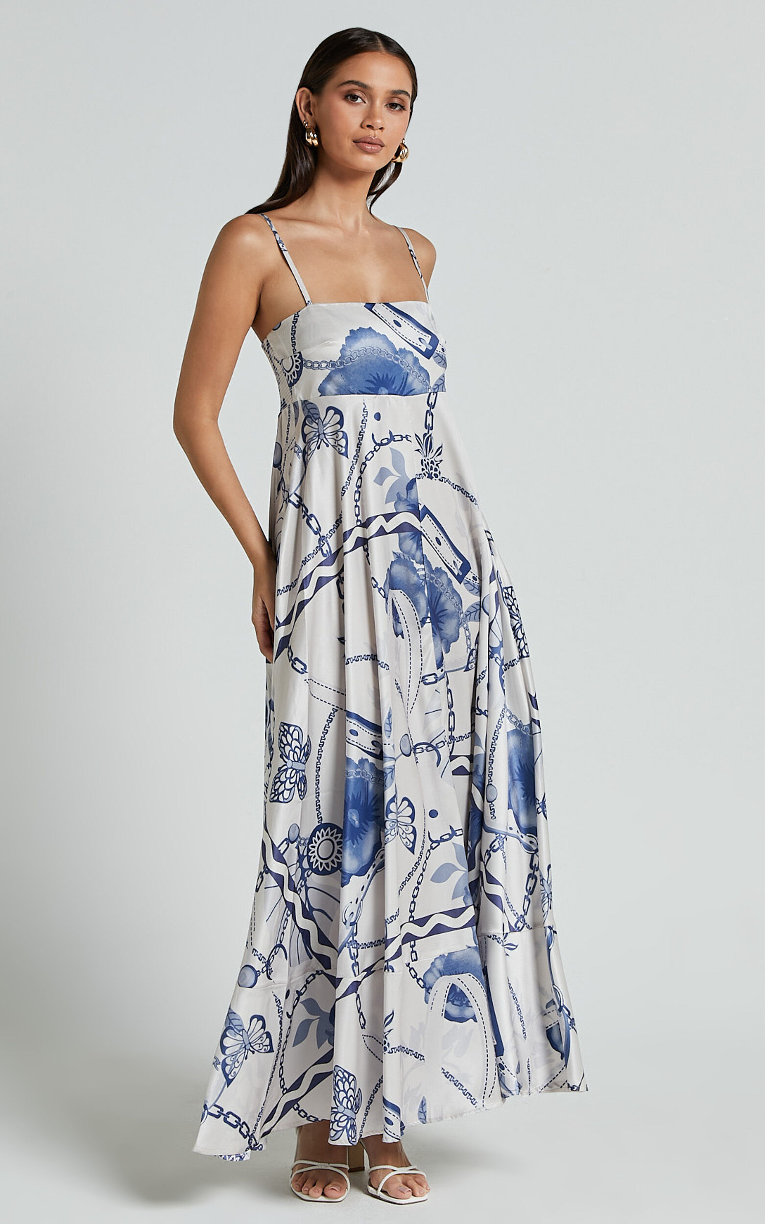 Yasmine Midi Dress - Straight Neck Sleeveless A Line Dress in Blue and White Porcelain Print