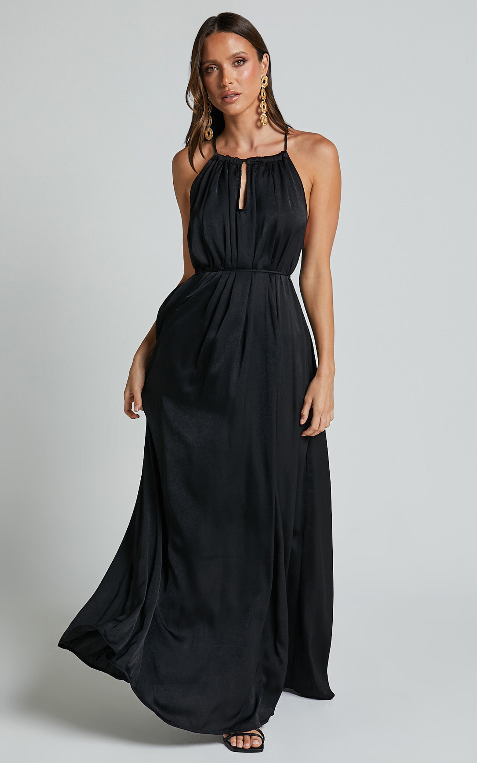 Aliciana Maxi Dress - Halter Neck Tie Back Dress in Black