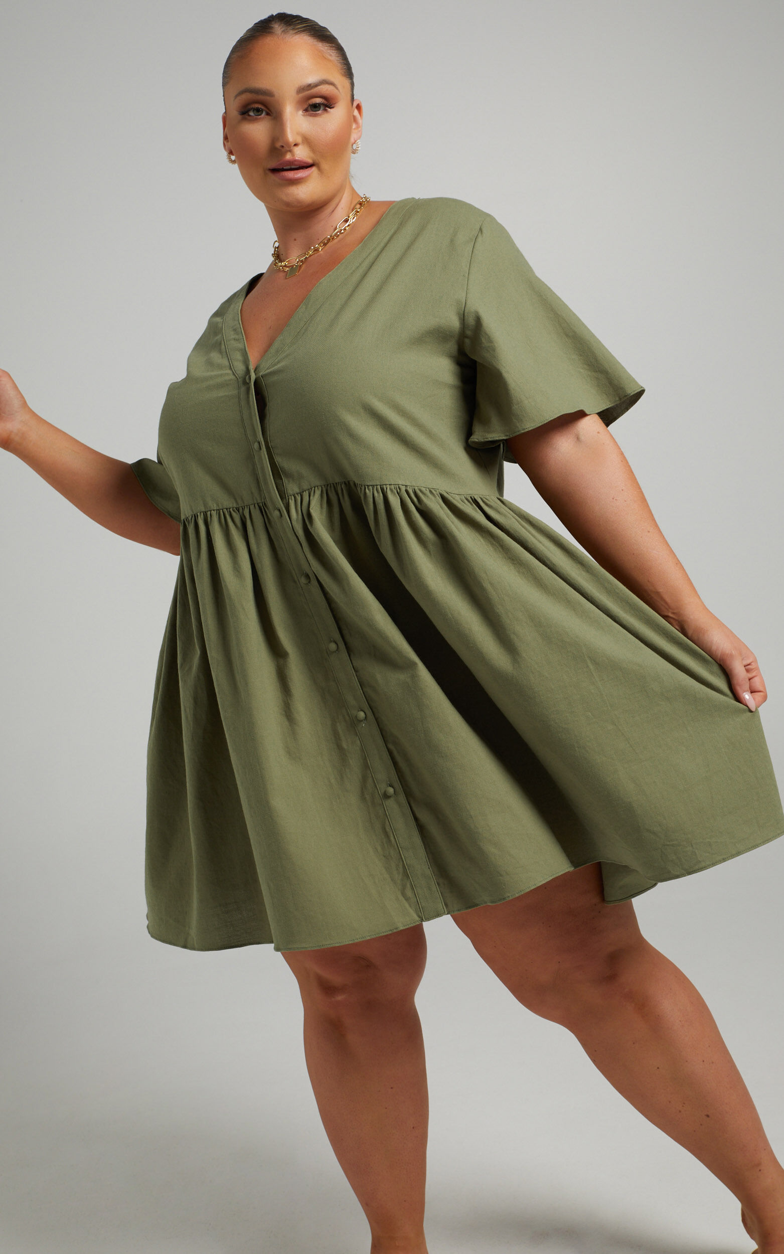 Staycation Mini Dress - Smock Button Up Dress in Khaki