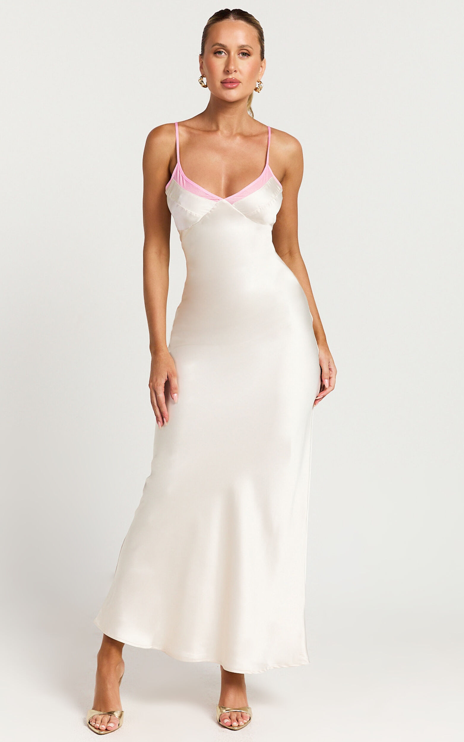 Chona Maxi Dress - Backless V Neck Slip Dress in White/Pink