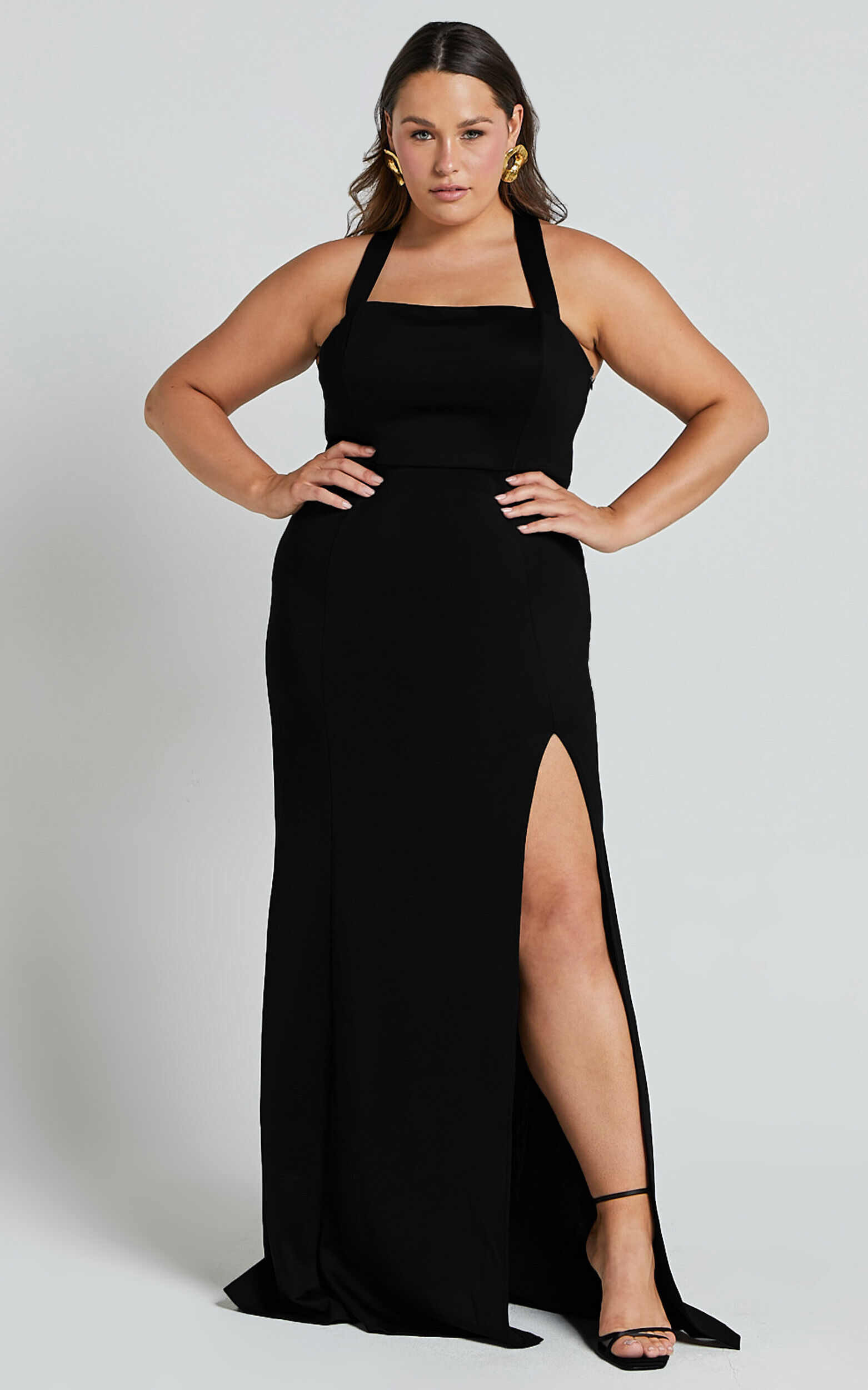 Lainie Maxi Dress - Straight Neck Thigh Split Cross Back in Black