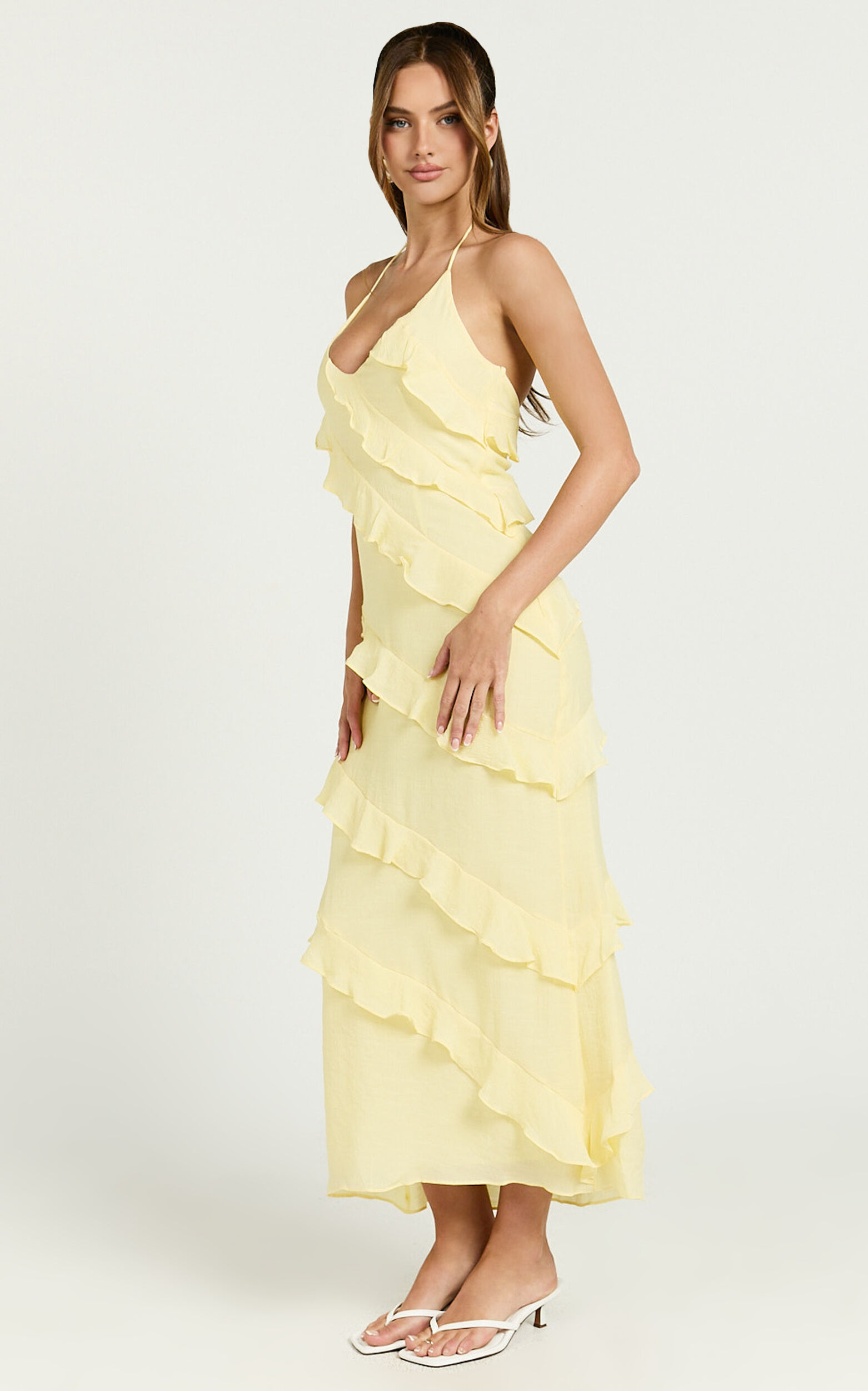 Brayden Midi Dress - V Neck Ruffle Dress in Lemon